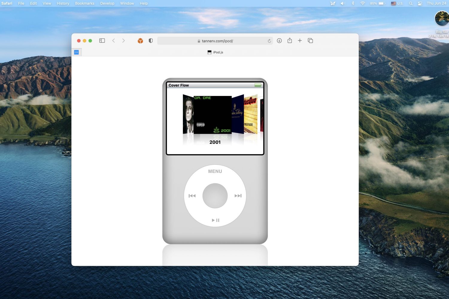 A Mac screenshot showing Tanner Villarete's web app that simulates the iPod classic interface running in Safari
