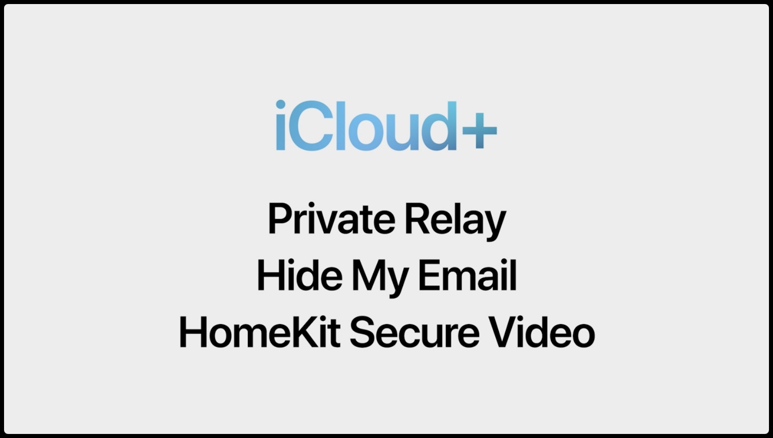 WWDC21 slide listing iCloud+ features like Private Relay, Hide My Email and HomeKit Secure Video