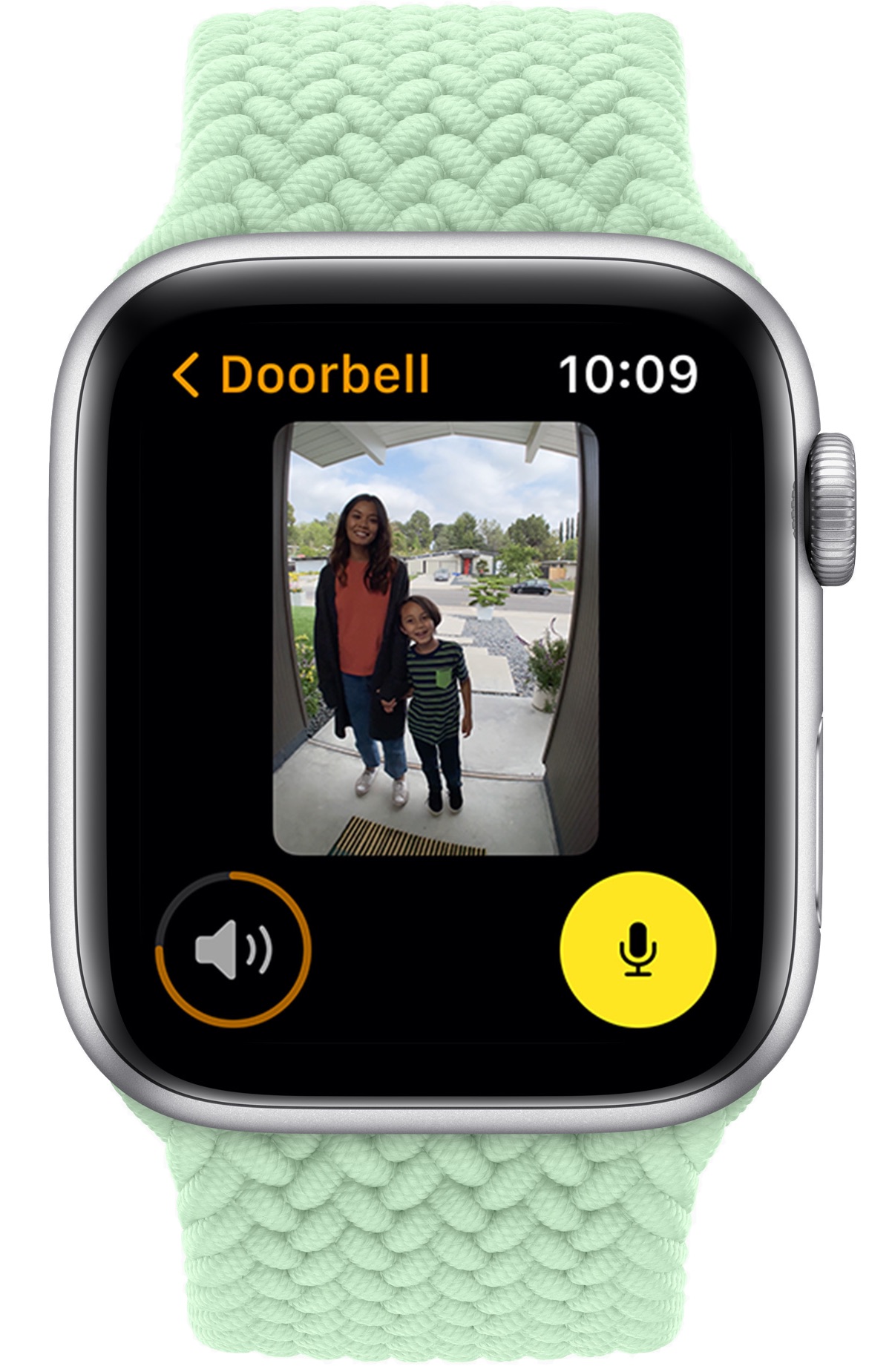 The Home app on watchOS 8 shows an Apple Watch user viewing live video from a HomeKit security doorbell camera