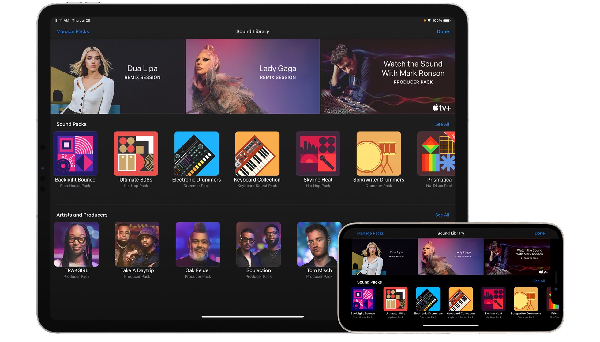 An image showing Appel GarageBand on iPhone and iPad with July 2021 sound packs from Dua Lipa, Lady Gaga and other music producers