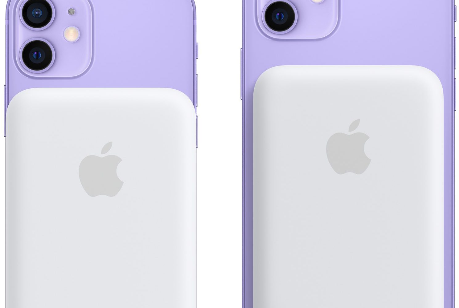 Graphiques promotionnels montrant l'arrière de l'iPhone 12 mini et de l'iPhone 12 en violet avec la batterie Apple MagSafe attachée magnétiquement à l'arrière