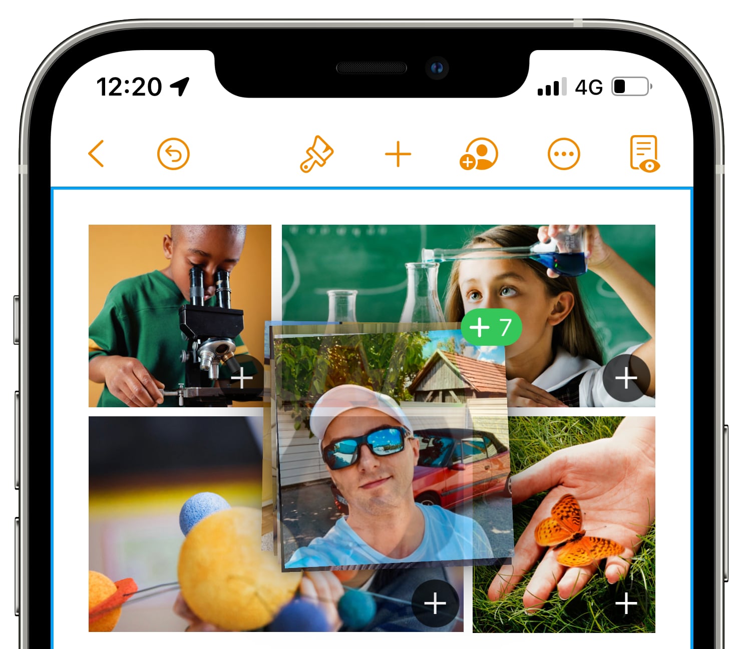 An iPhone screenshot showing dropping a bundle of images in the Pages app on iOS 15