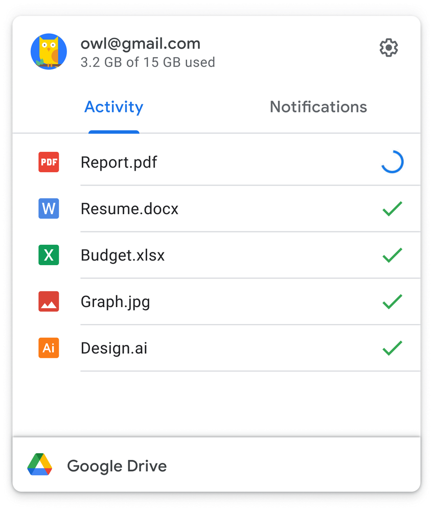 A macOS screenshot showing the Activity menu in the Google Drive desktop client for Mac