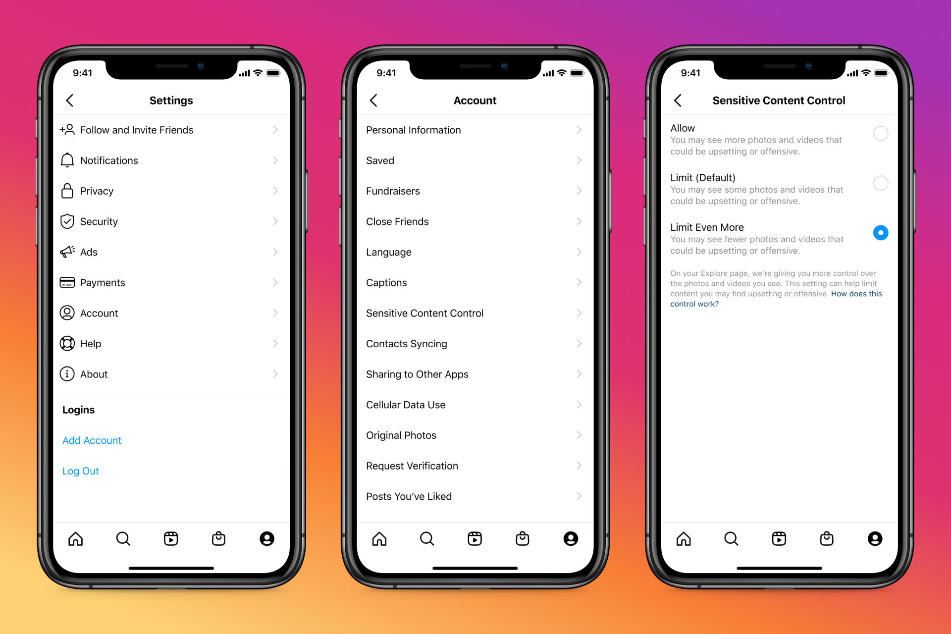 Three screenshots of Instagram for iPhone, from left to right: Instagram's main settings (left), Instagram's account settings (center) and Instagram's Sensitive Content Control settings (right)