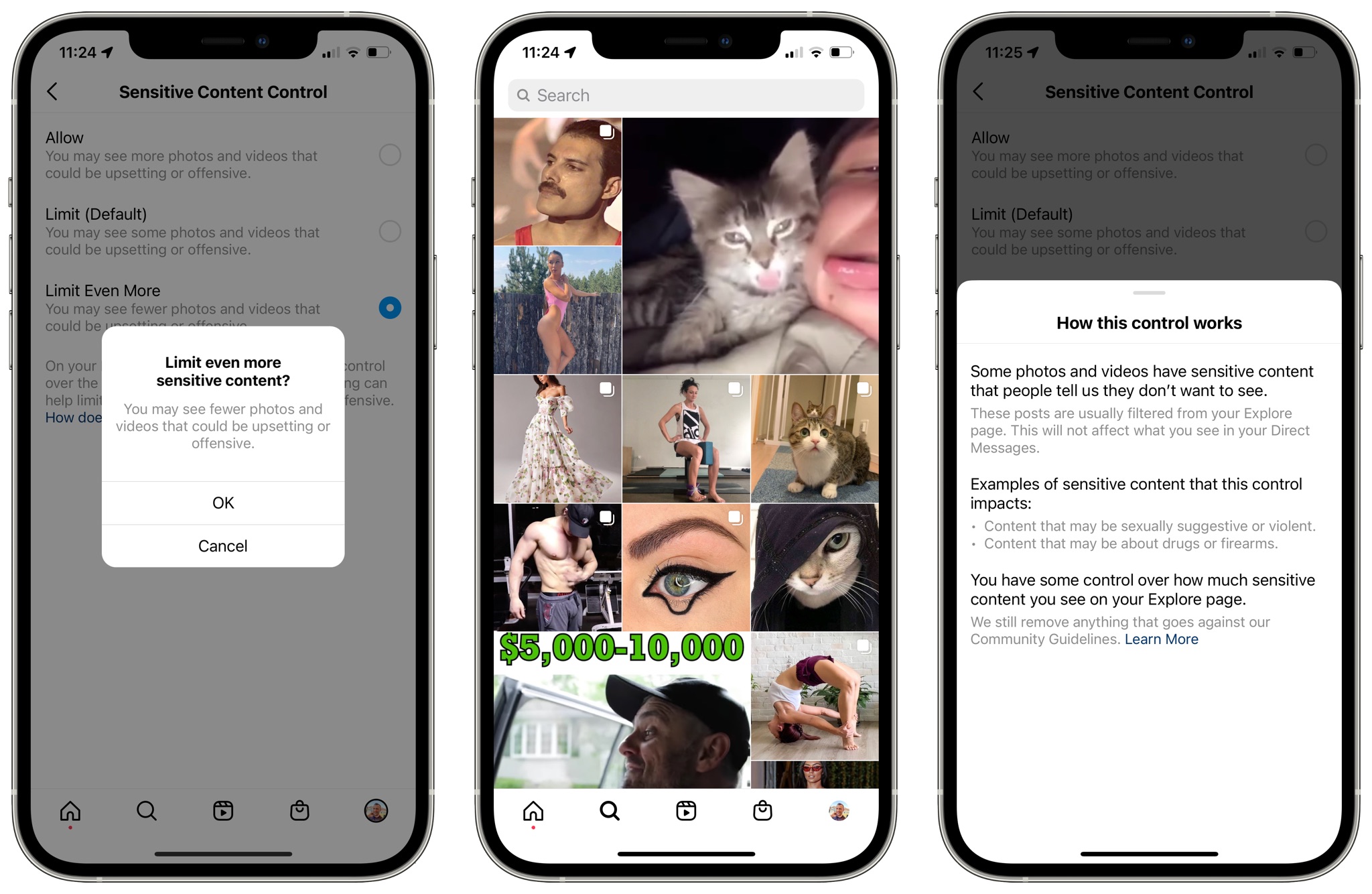 Three screenshots of Instagram for iPhone, from left to right: Instagram's Sensitive Content Control set to Limit Even More (left), Instagram's Explore page (center) and the explainer for the Sensitive Content Control feature (right)