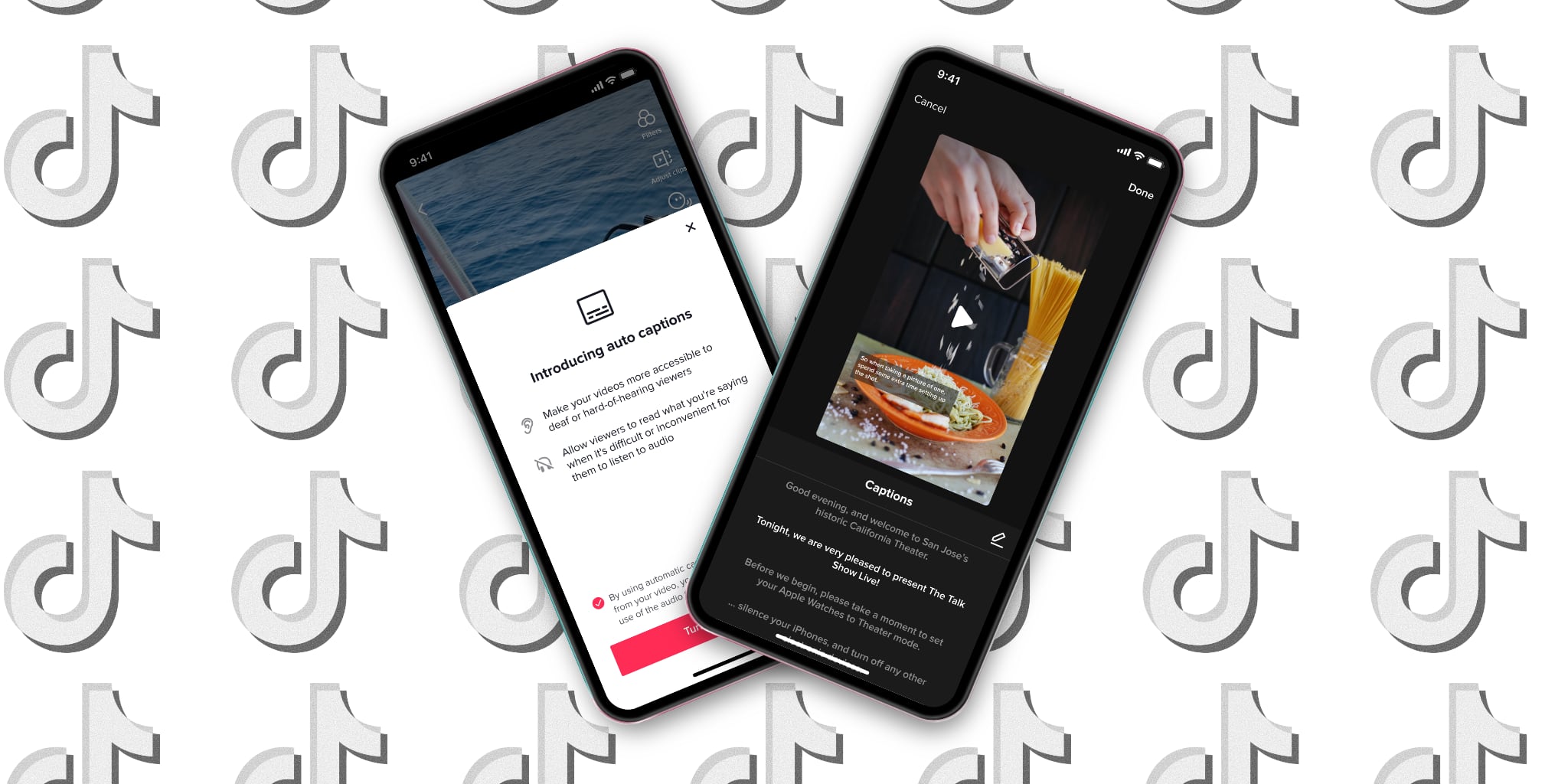 Featured image showing two iPhones showing TikTok automatic captioning in action