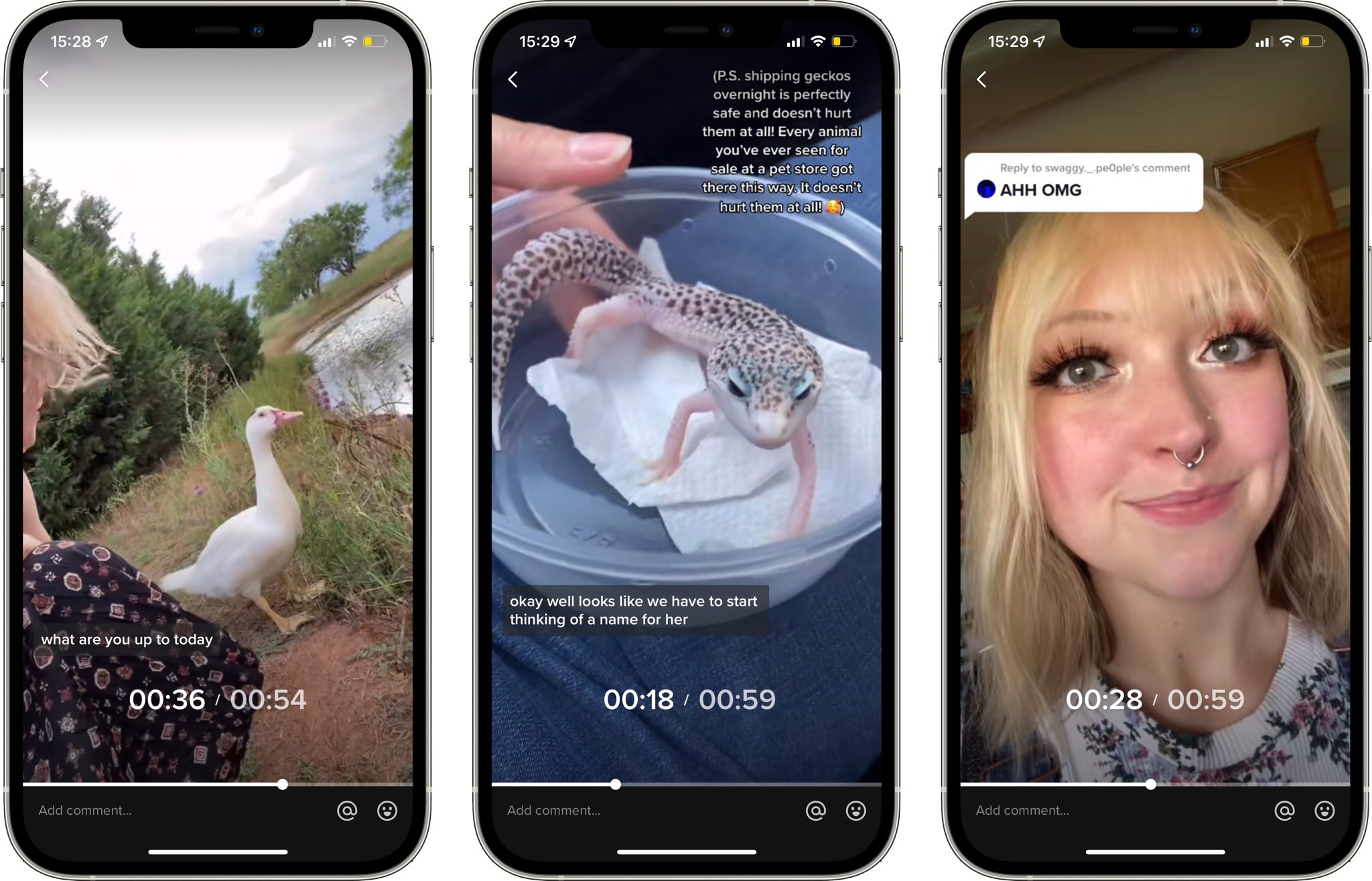 iPhone screenshots showing TikTok video navigation with the scrubber used to fast-forward and backward