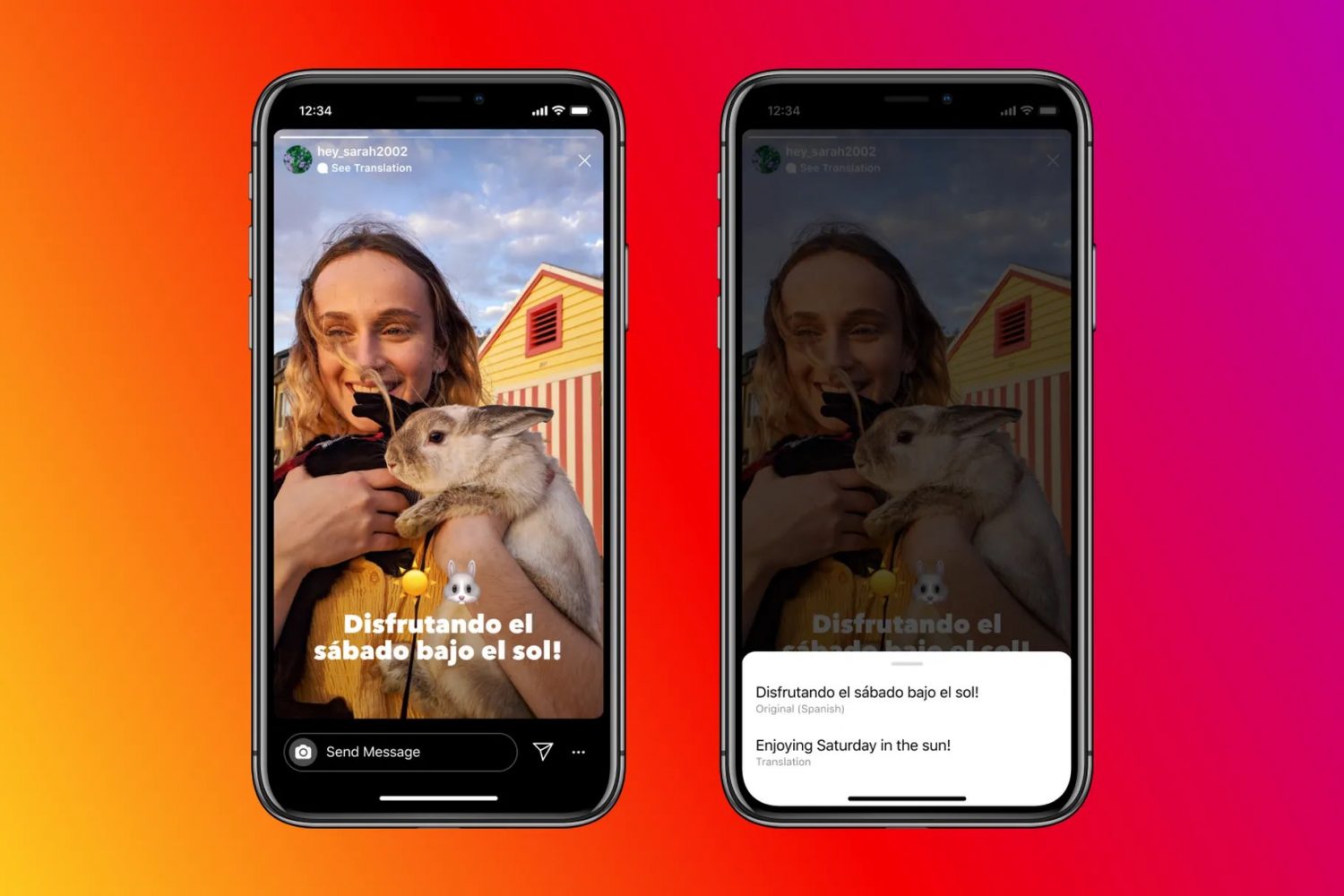 Two screenshots showing how to translate Instagram stories text into Spanish on iPhone