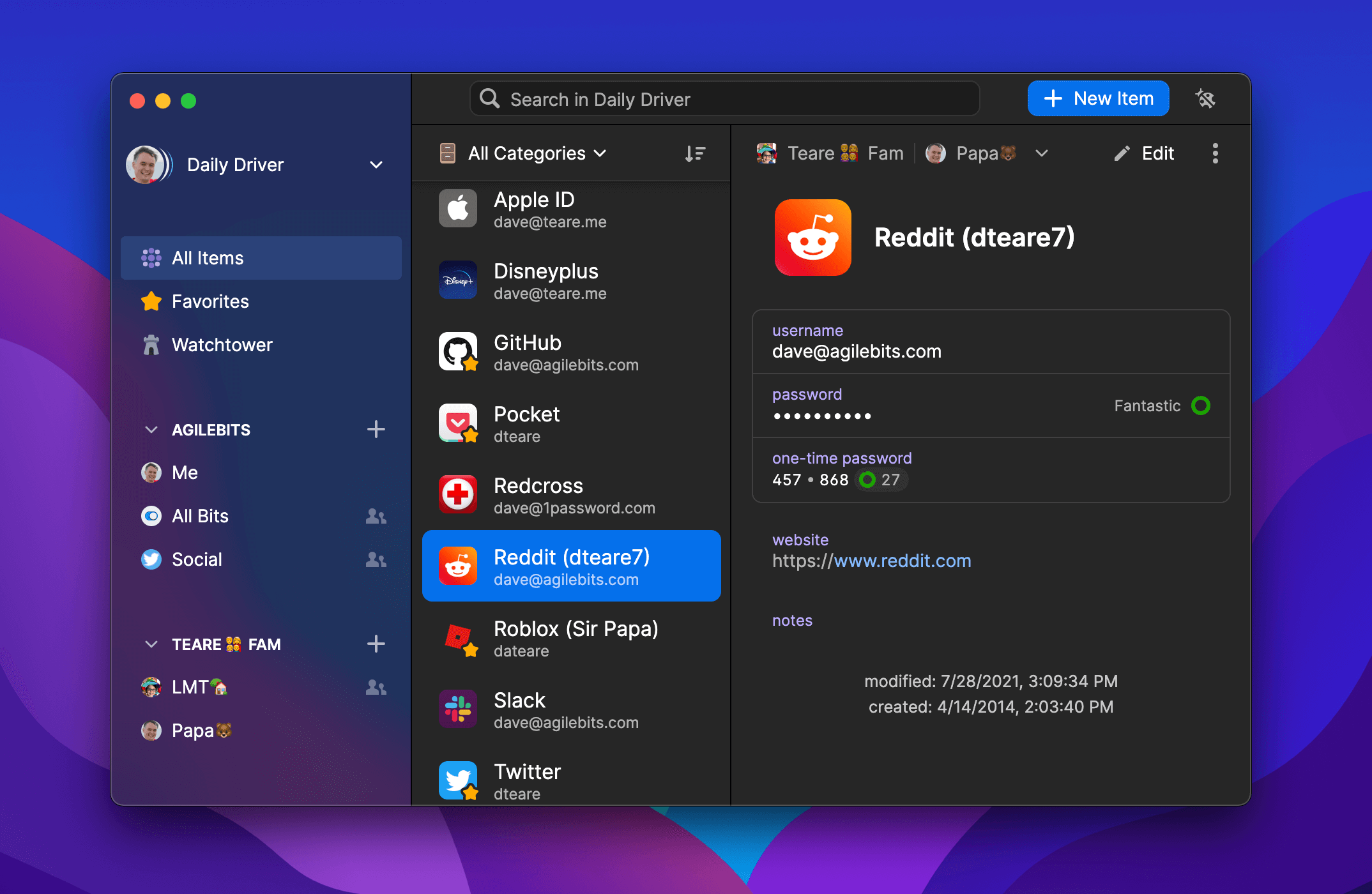 A Mac screenshot showing the All Items sidebar in 1Password 8 for Mac in Dark Mode