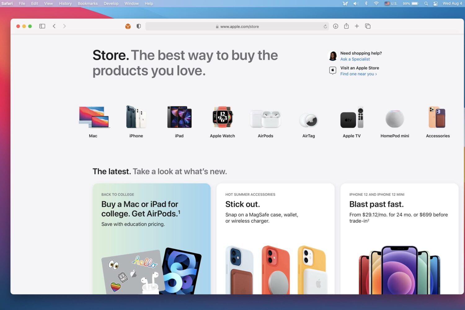 A Safari for Mac screenshot showing the redesigned Apple online store