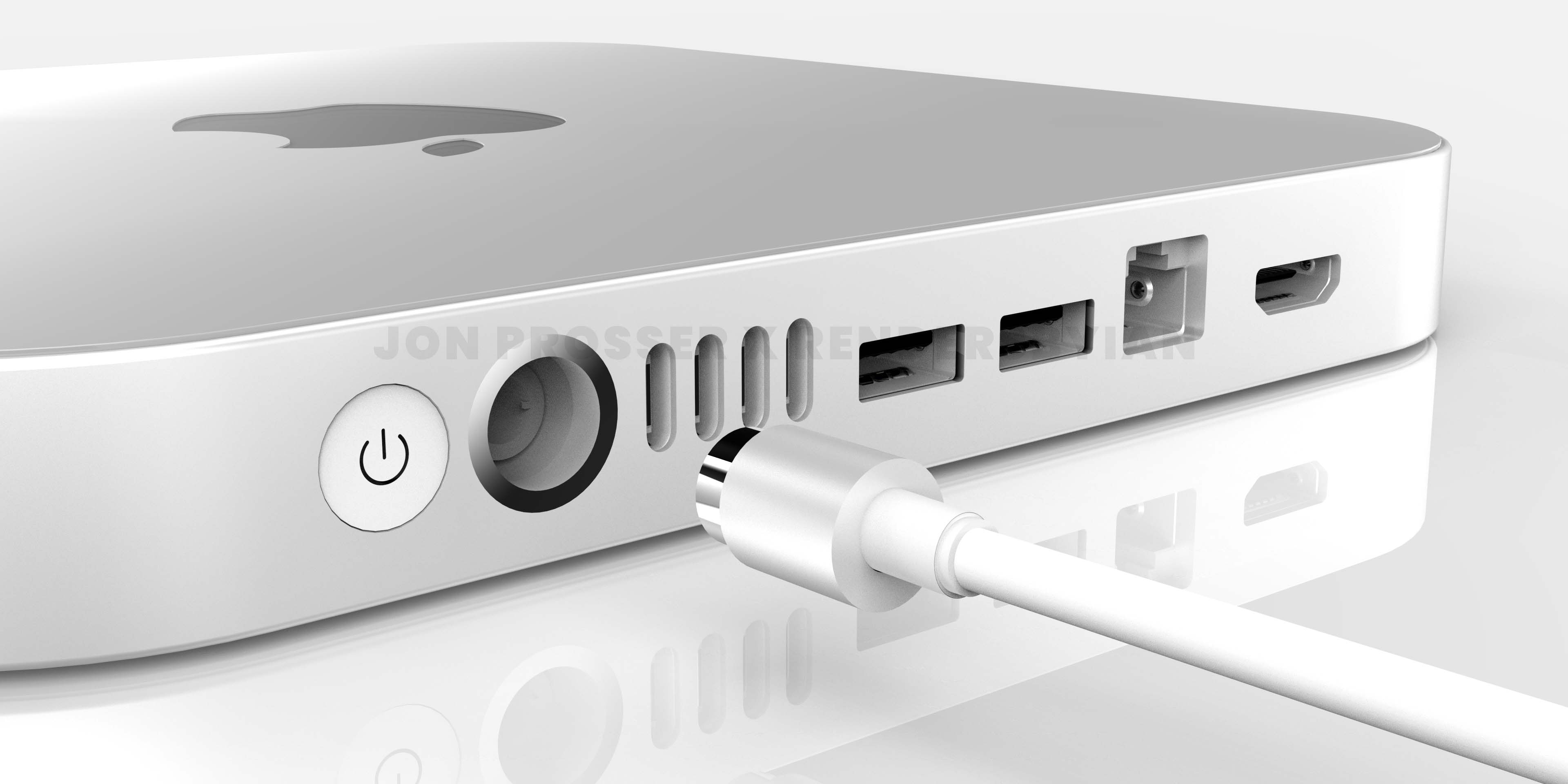 A rendering based on rumors showing the back of the upcoming M1X Mac mini featuring more ports and a magnetic power connection
