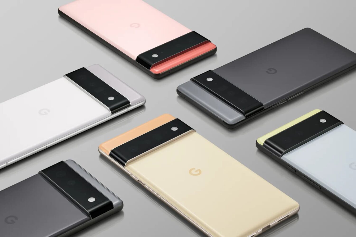 Promotional graphics showcasing Google Pixel 6 and Pixel 6 Pro smartphone lineup