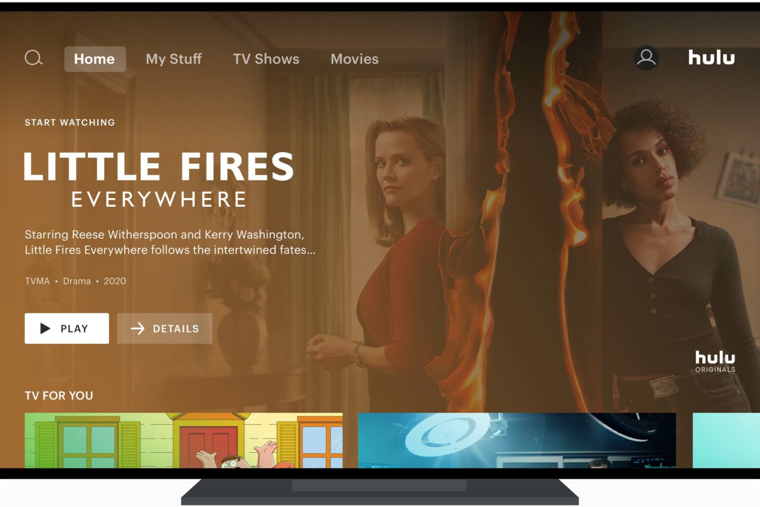 The redesigned Hulu home screen on Apple TV