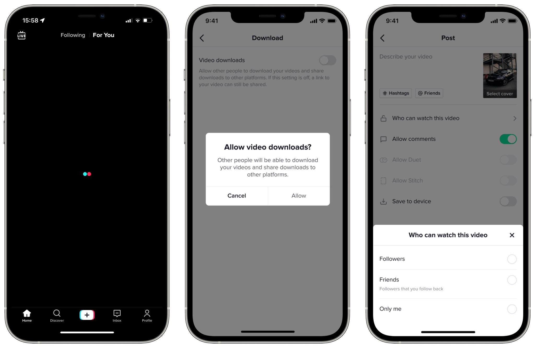 Three iPhone screenshots of TikTok's privacy protections for teens, left to right: TikTok loading screen, video downloads settings and privacy settings related to video viewing