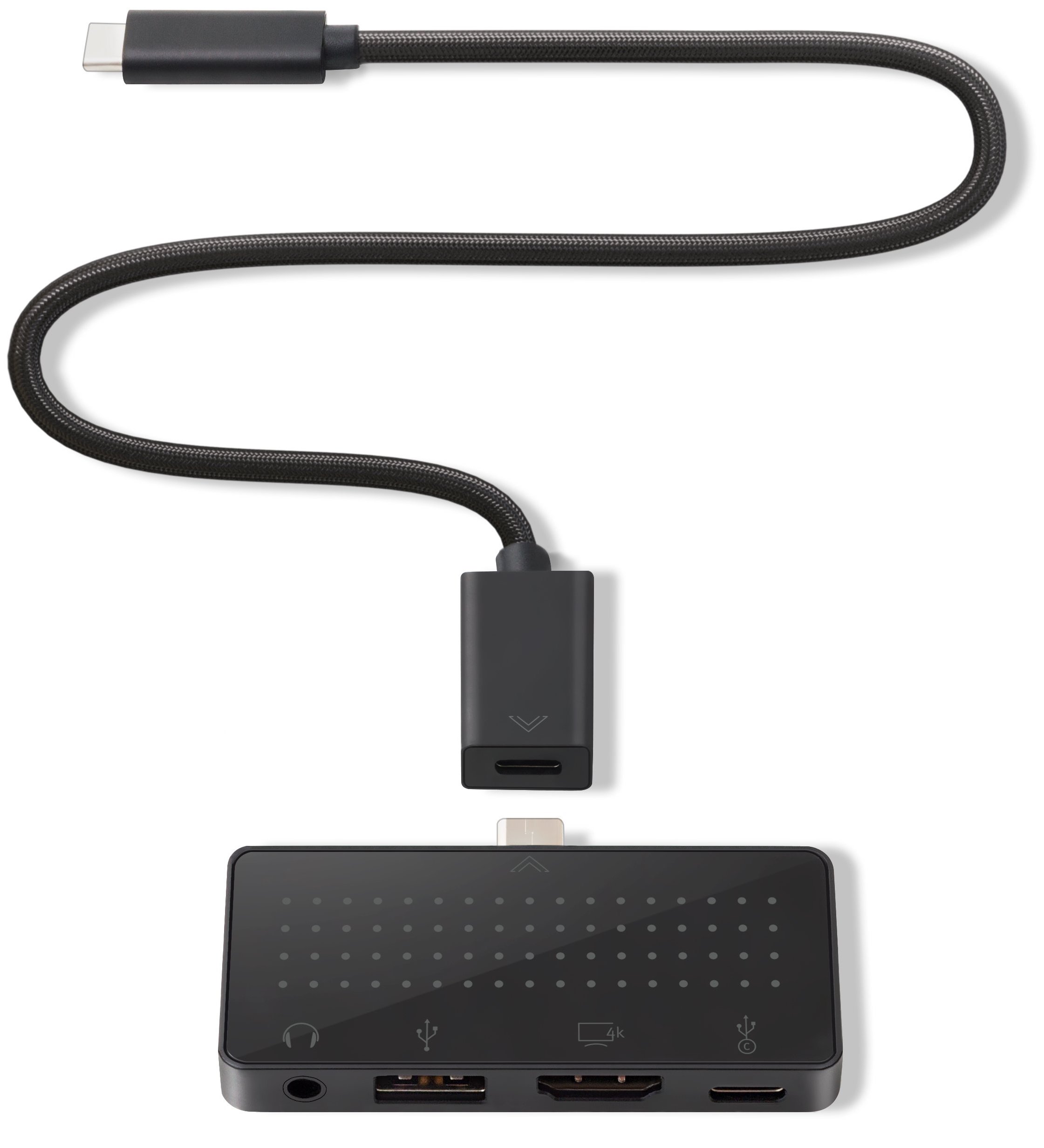 A promotional image from Twelve South showing a top-down view of its StayGo Mini USB-C hub with the included cable 