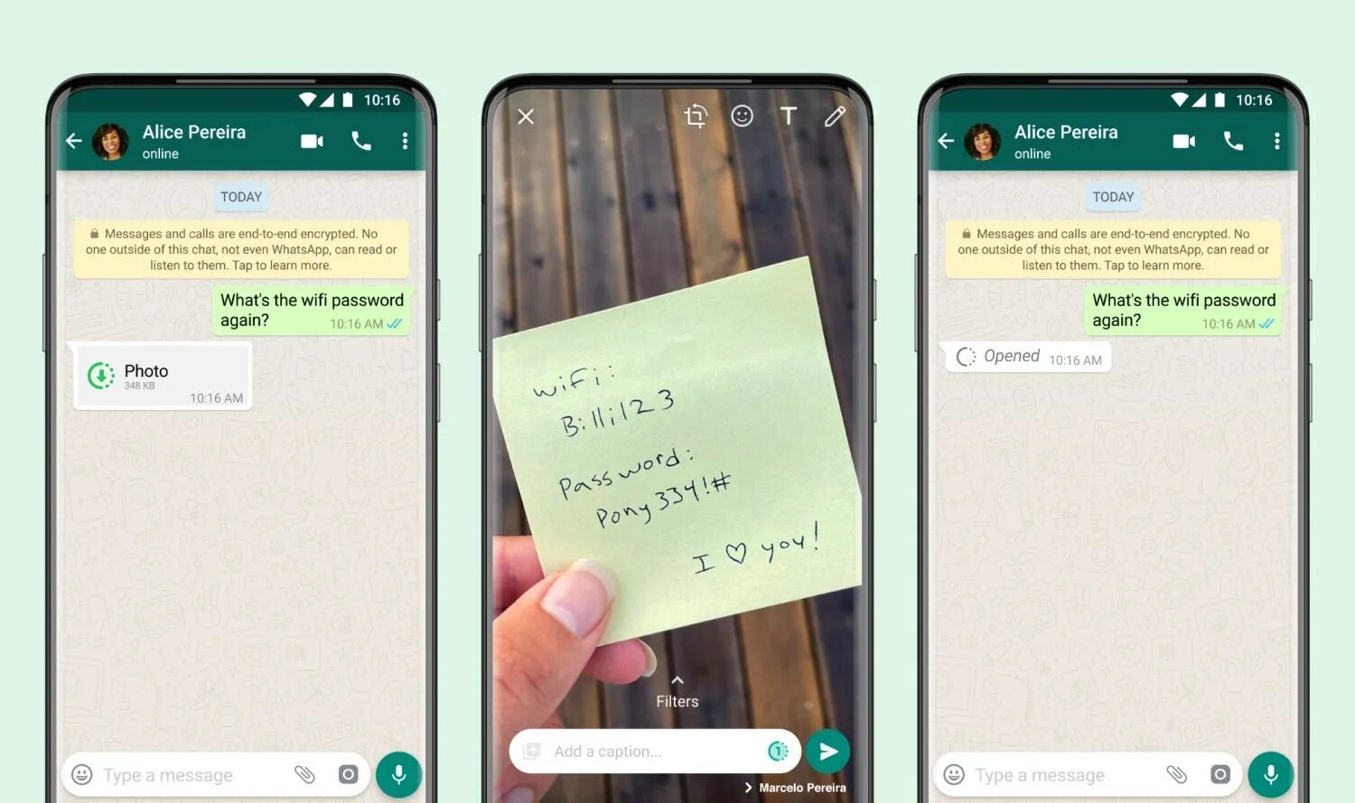 Graphique promotionnel Facebook montrant trois combinés Android avec le mode Afficher une fois de WhatsApp utilisé pour envoyer une photo éphémère dans un chat