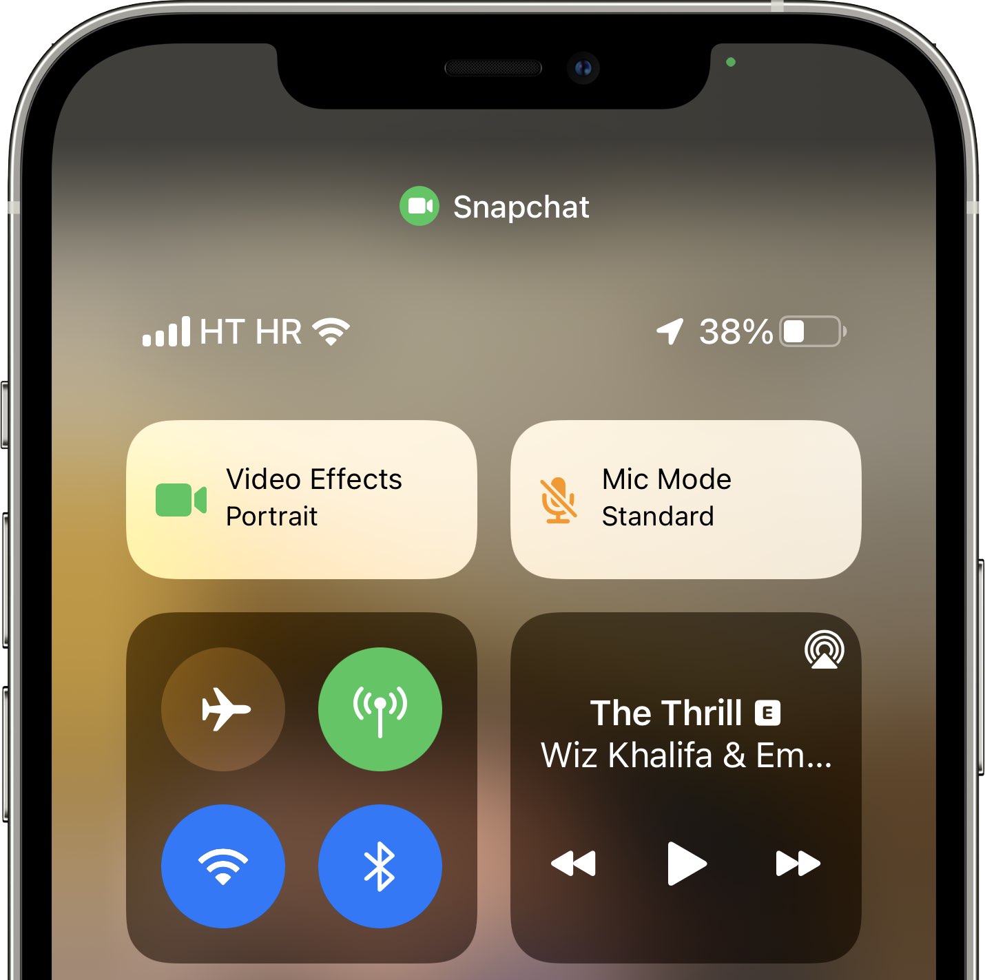 iPhone screenshot showing the Audio Effects and Mic Mode controls in Control Center on iOS 15