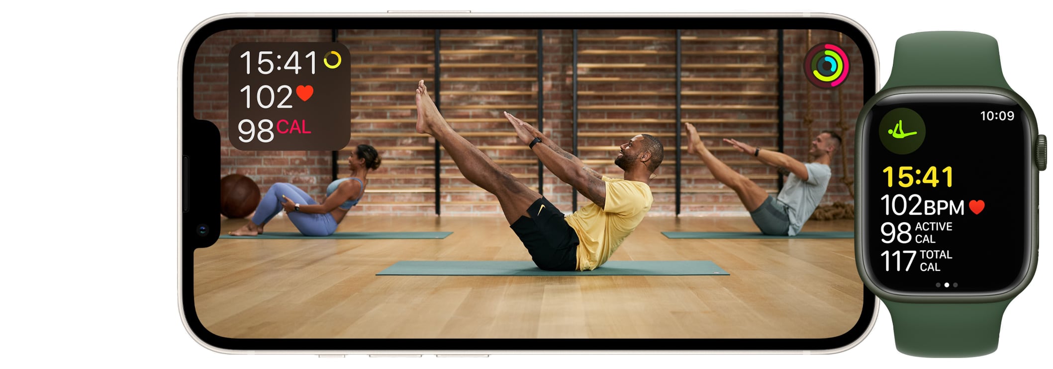 Marketing image showing the pilates workout for Apple Fitness+ on iPhone and Apple Watch