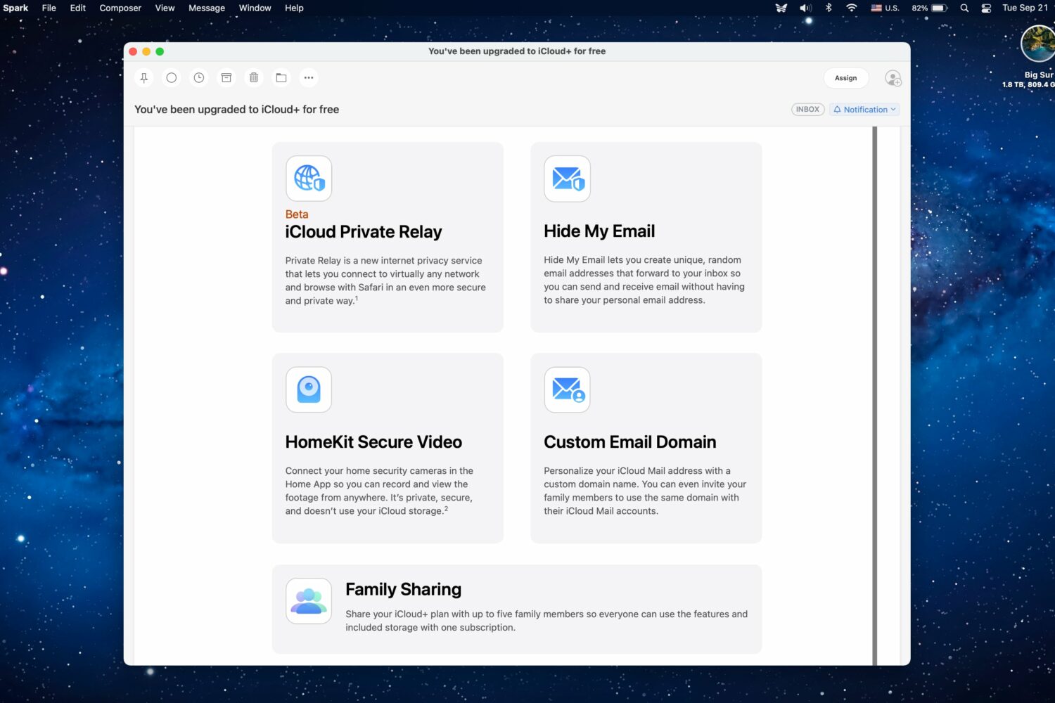 A macOS screenshot showing an Apple Mail message promoting the new Hide My Email and Custom Email Domains features