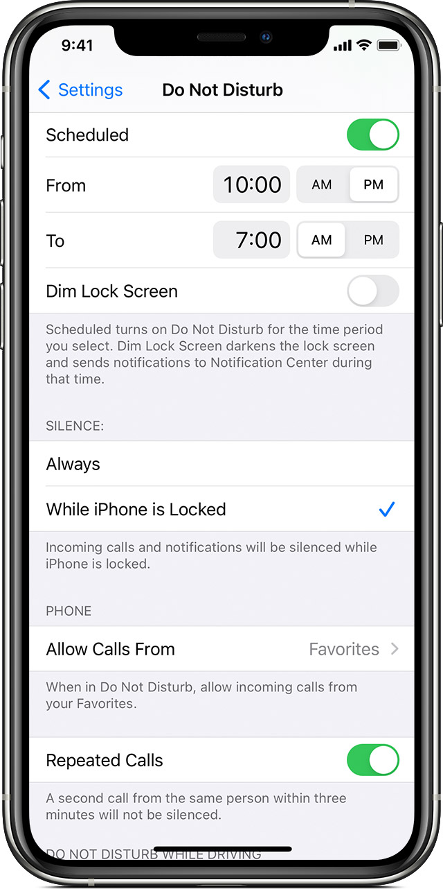iPhone screenshot showing the Do Not Disturb settings on Apple's iOS 14 software