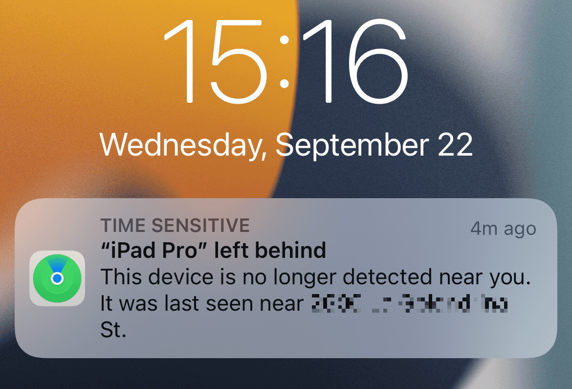 Device left behind Notification on iPhone in iOS 15