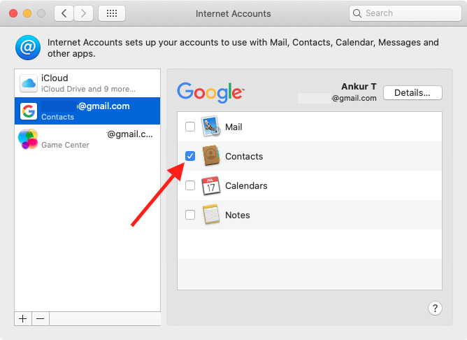 In Mac Internet Accounts Section enable Google Contacts