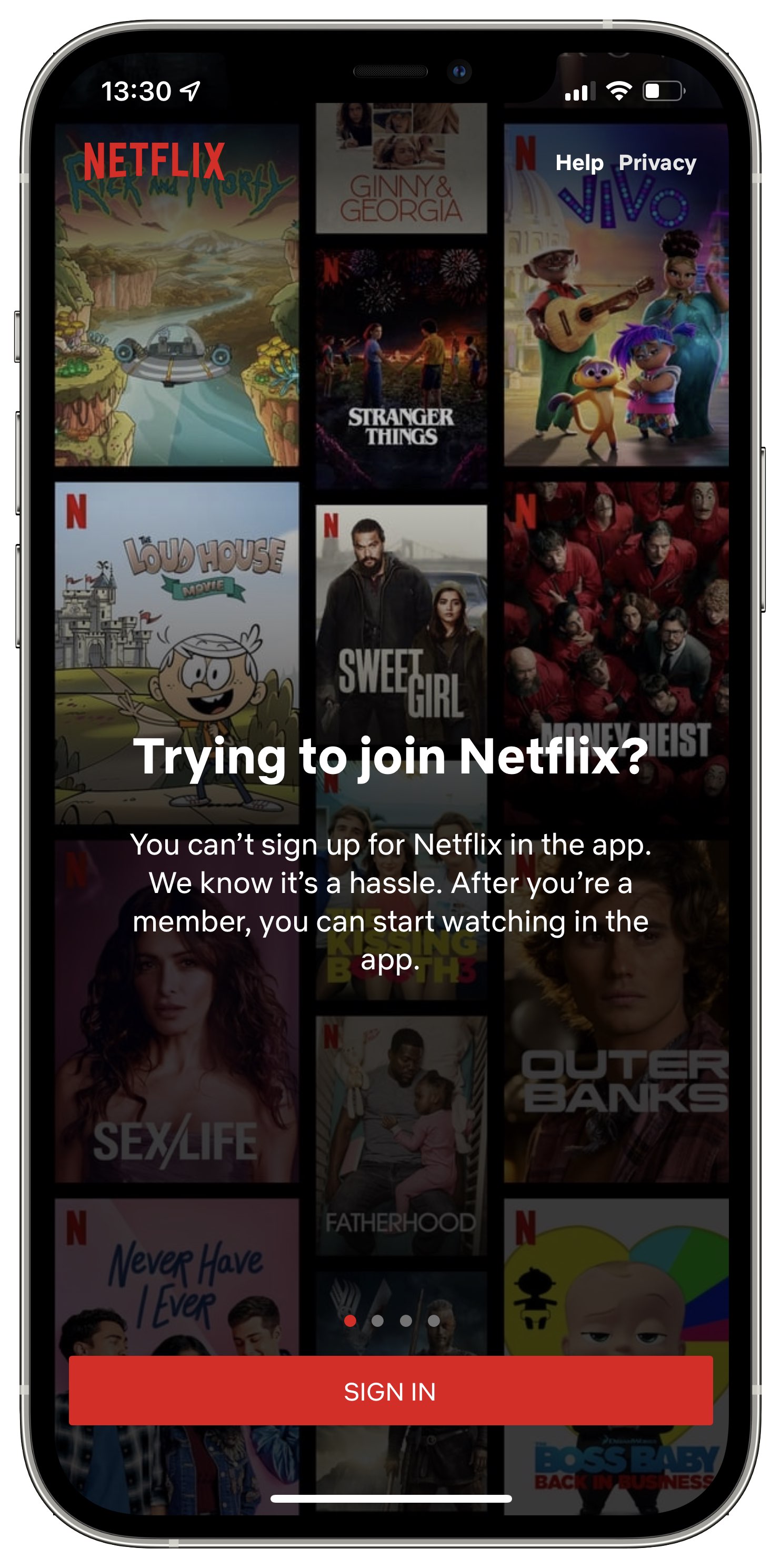 iPhone screenshot showing a message in the Netflix app instructing people to sing up elsewhere