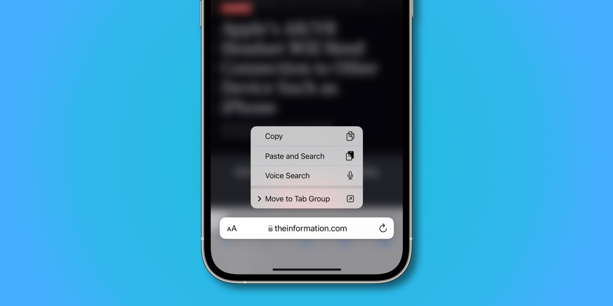 iPhone screenshot illustrating the bottom address bar with the Reload menu options in Safari on iOS 15