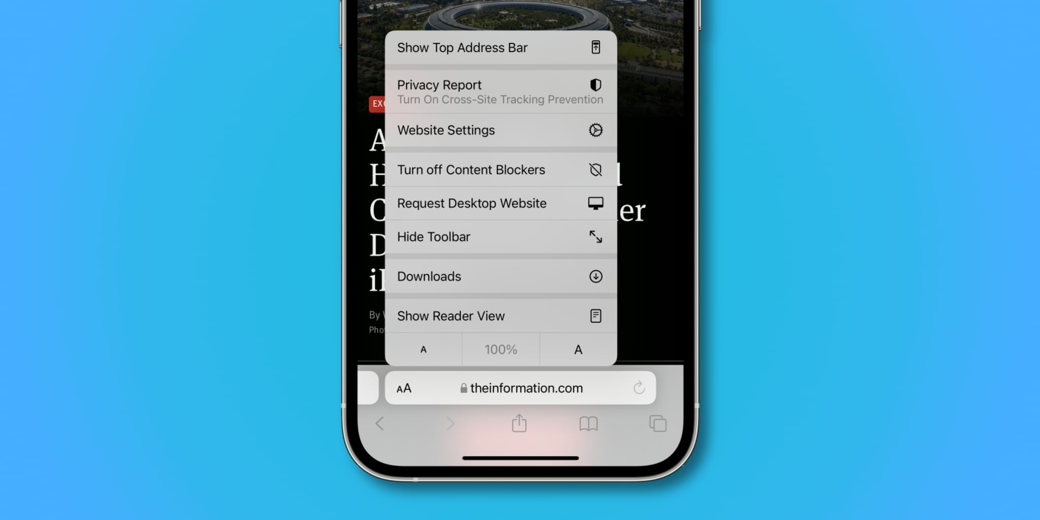 iPhone screenshot illustrating the bottom address bar with the “aA” menu options in Safari on iOS 15
