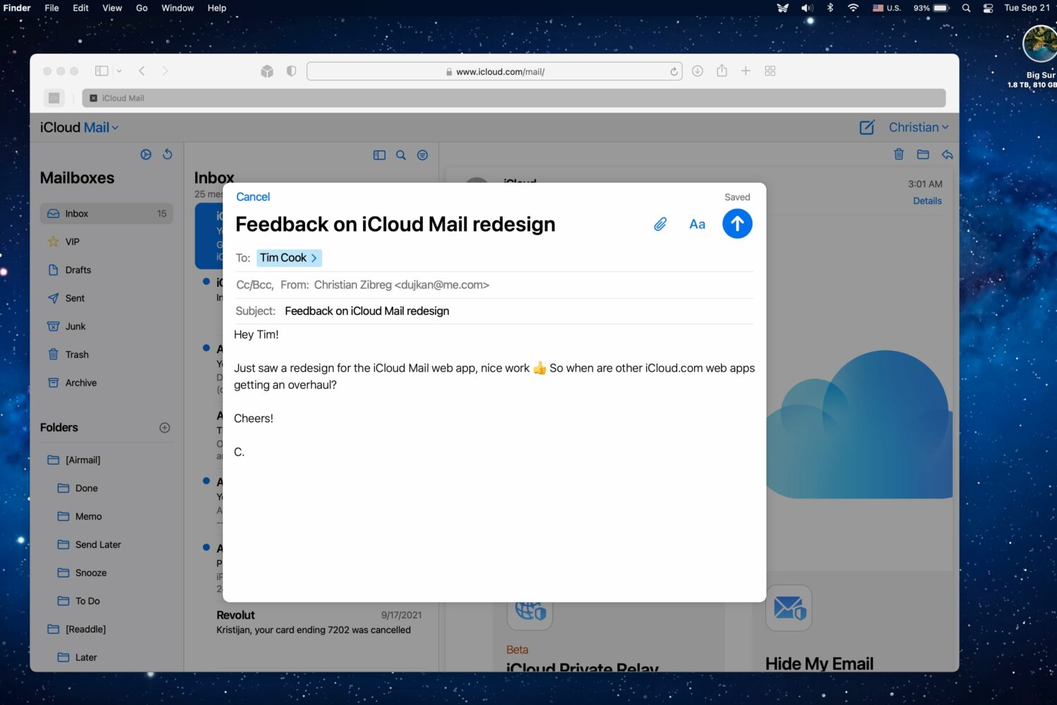 A Mac screenshot showing the iCloud Mail web app running in Safari