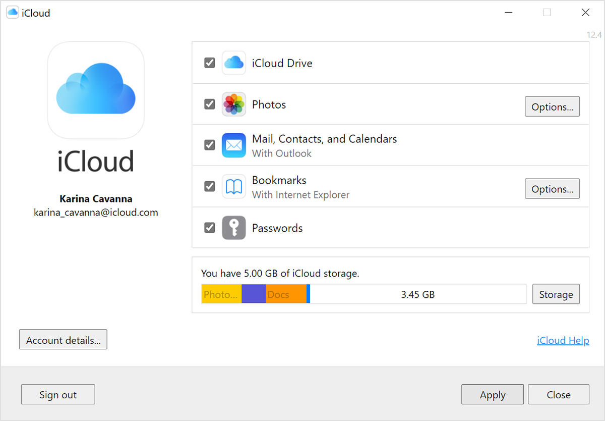 iCloud Settings and Options on Windows PC