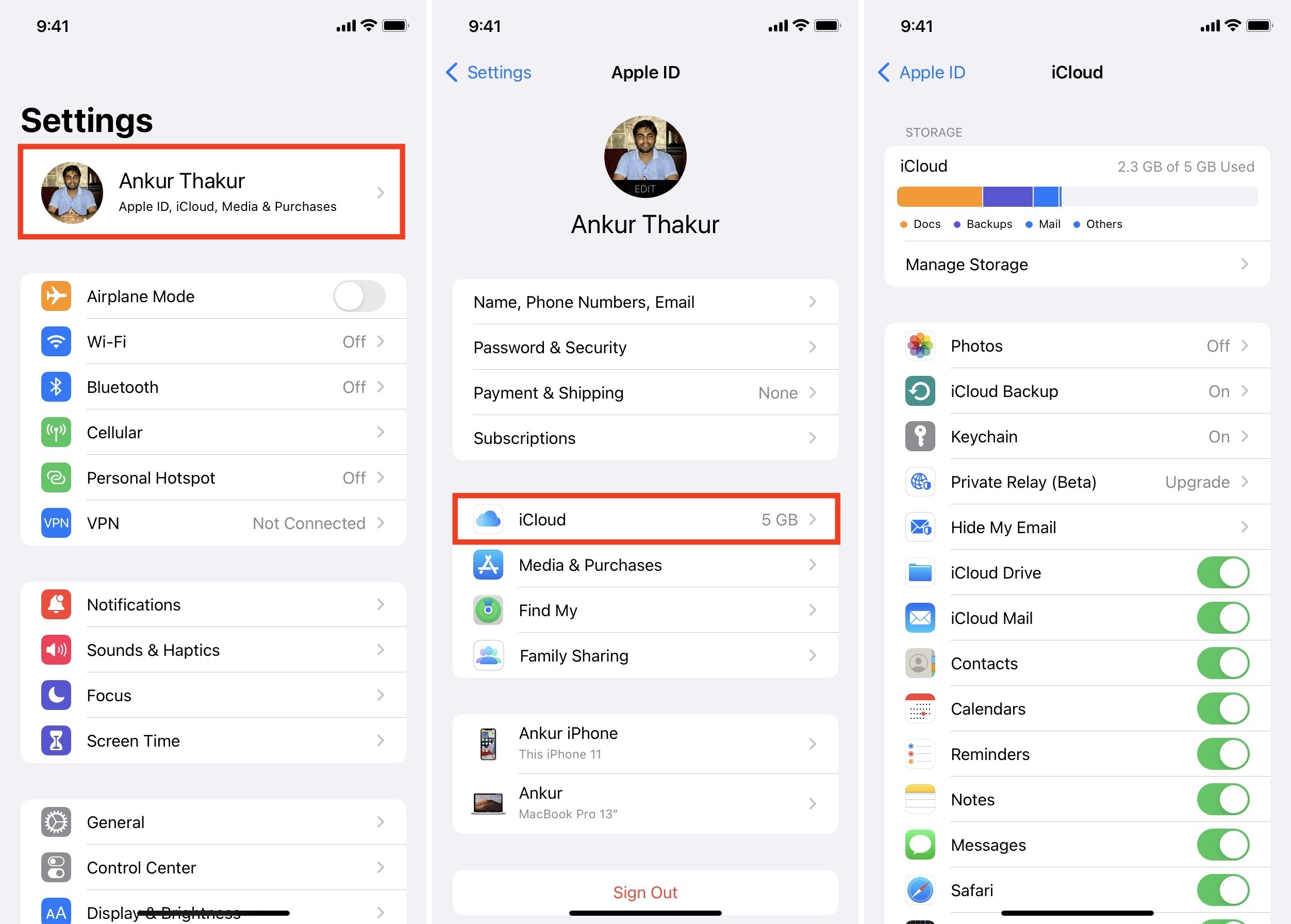 iCloud Settings and Options on iPhone
