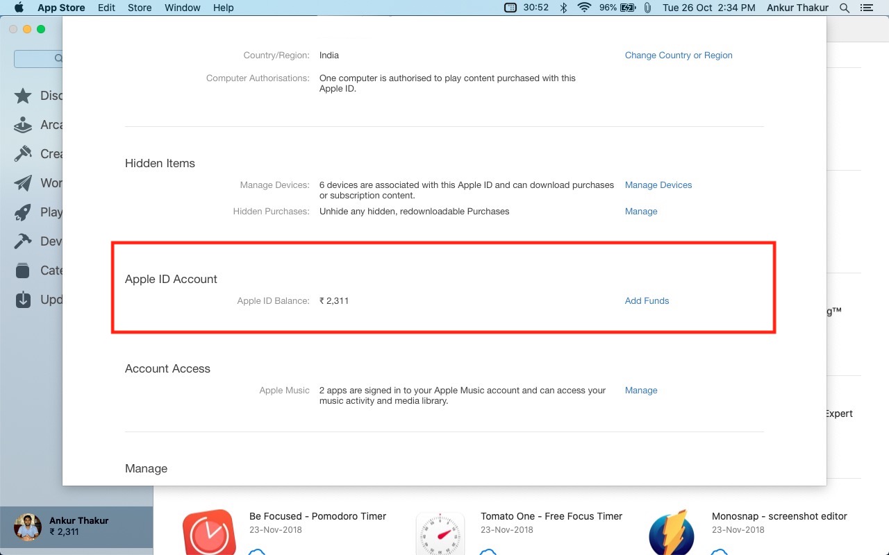 Add Funds screen under Apple ID Account on Mac