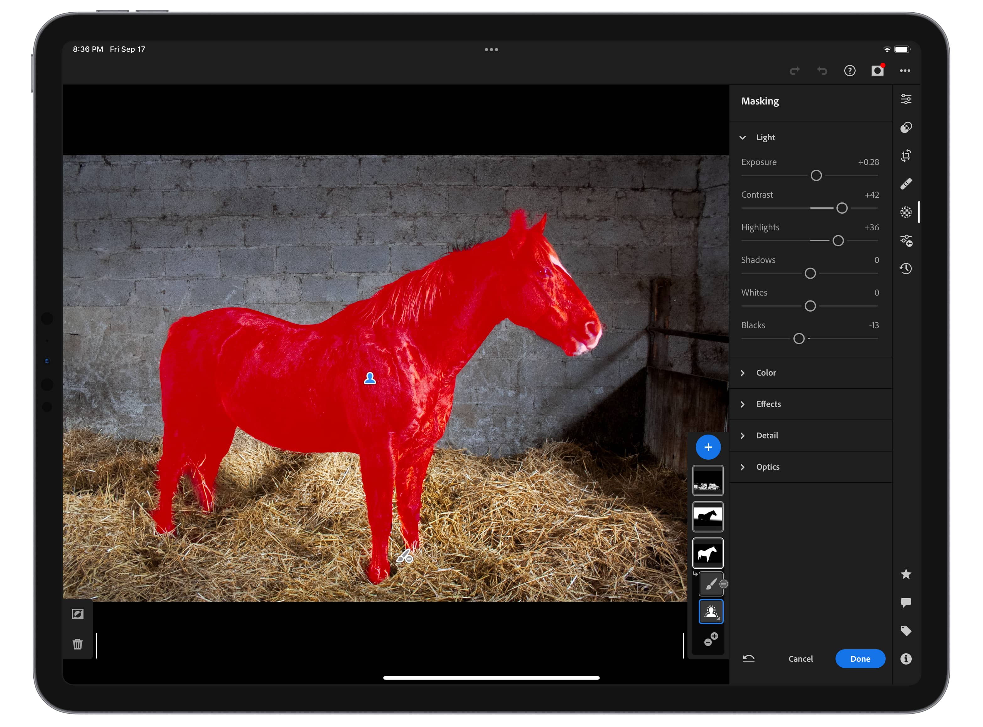 Adobe's marketing image showing smart object selection in Lightroom on iPad