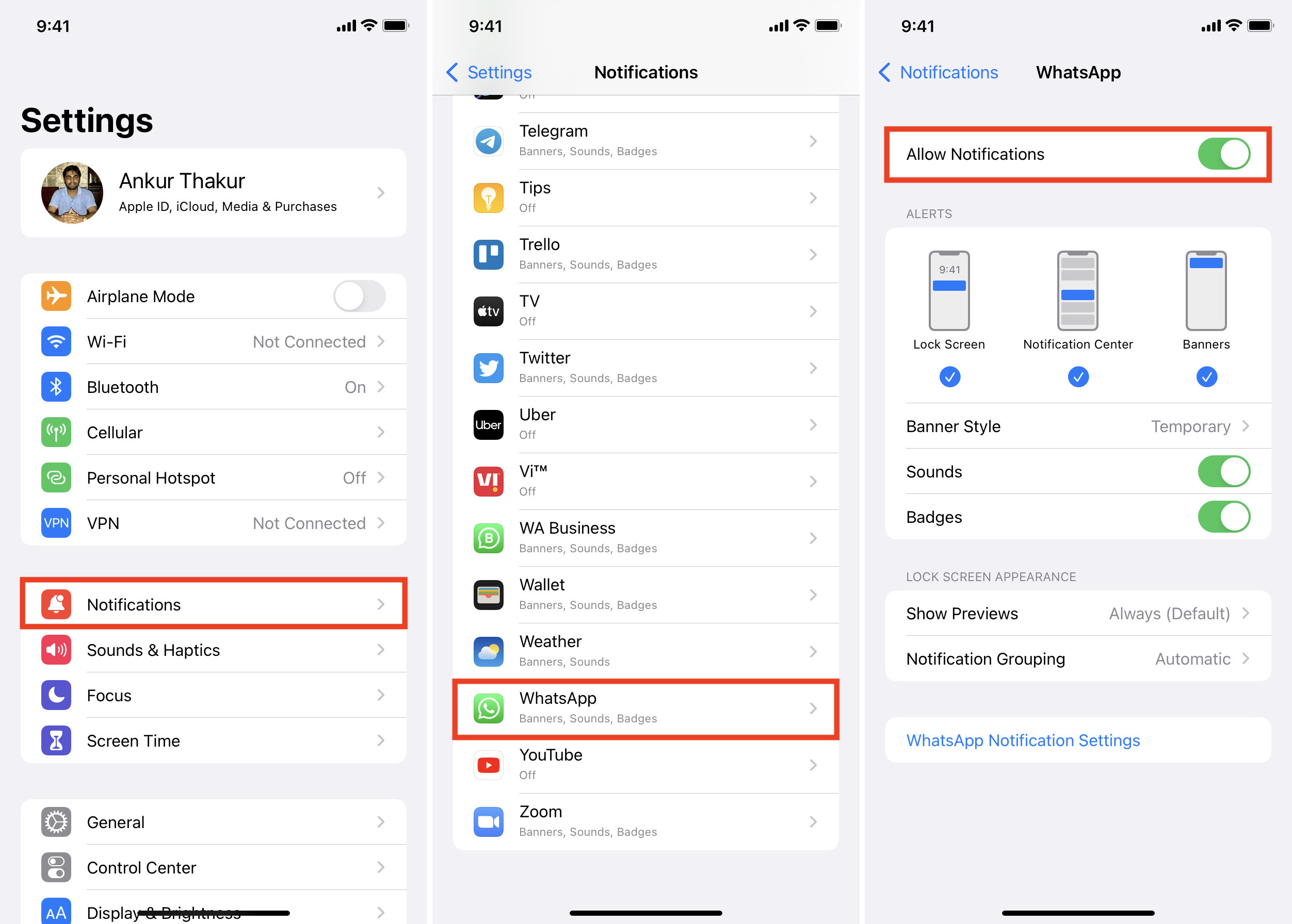 Allow Notifications for WhatsApp in iPhone Settings