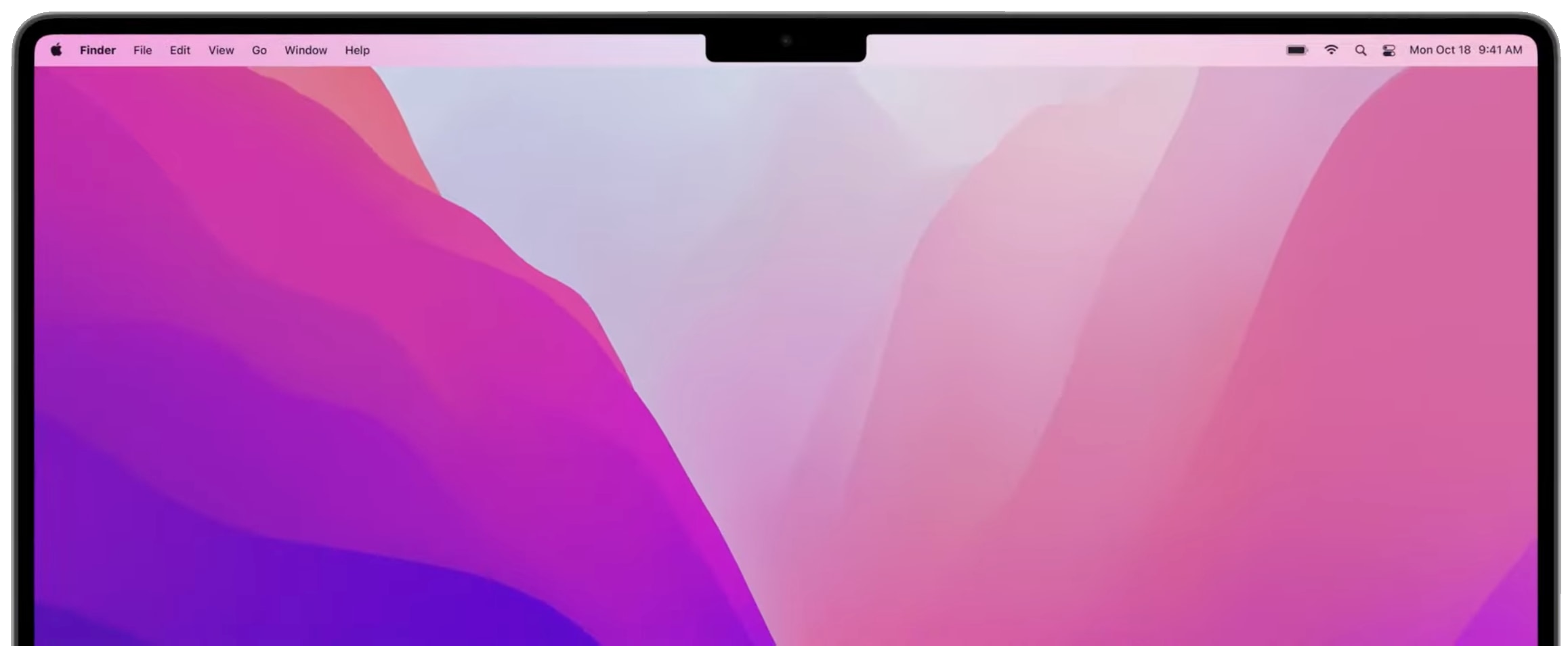 De marketingafbeelding van Apple met de inkeping samen met de menubalk op de opnieuw ontworpen MacBook Pro uit het jaar 2021