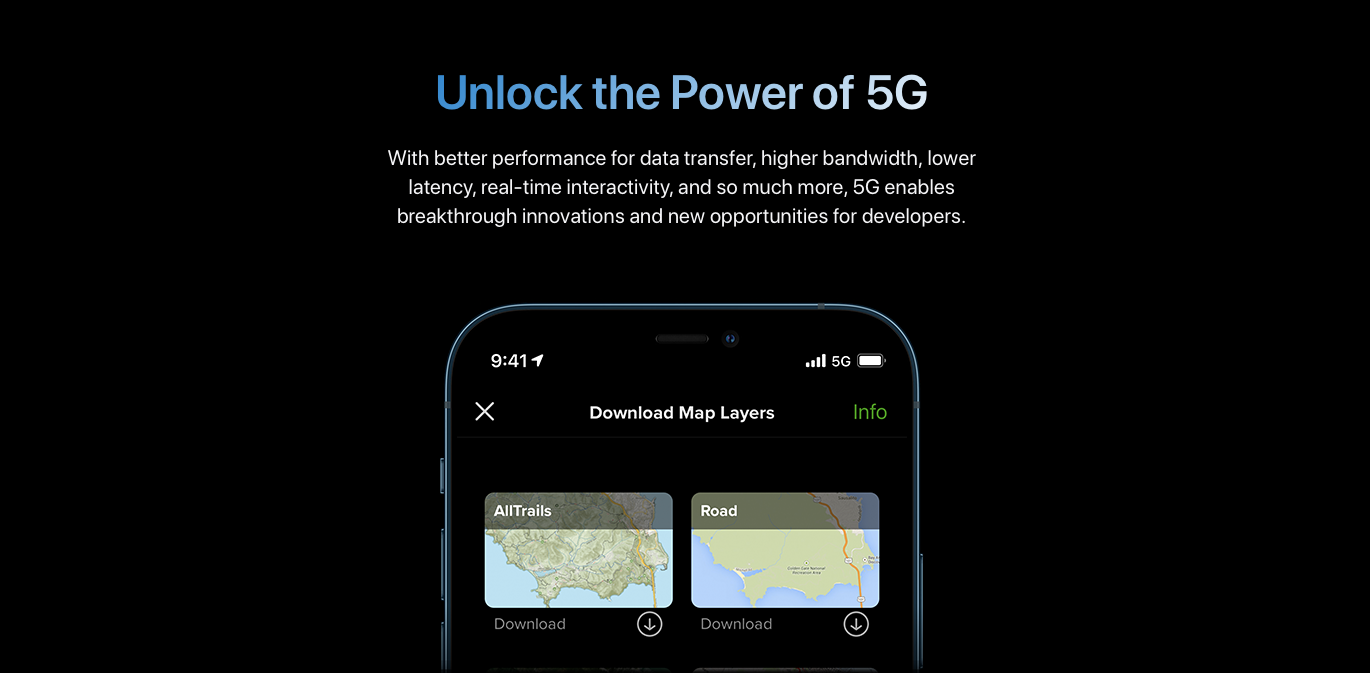 A screenshot of a dedicated 5G webpage from the Apple Developer website that invites programmers to "Unlock the power of 5G" in their apps