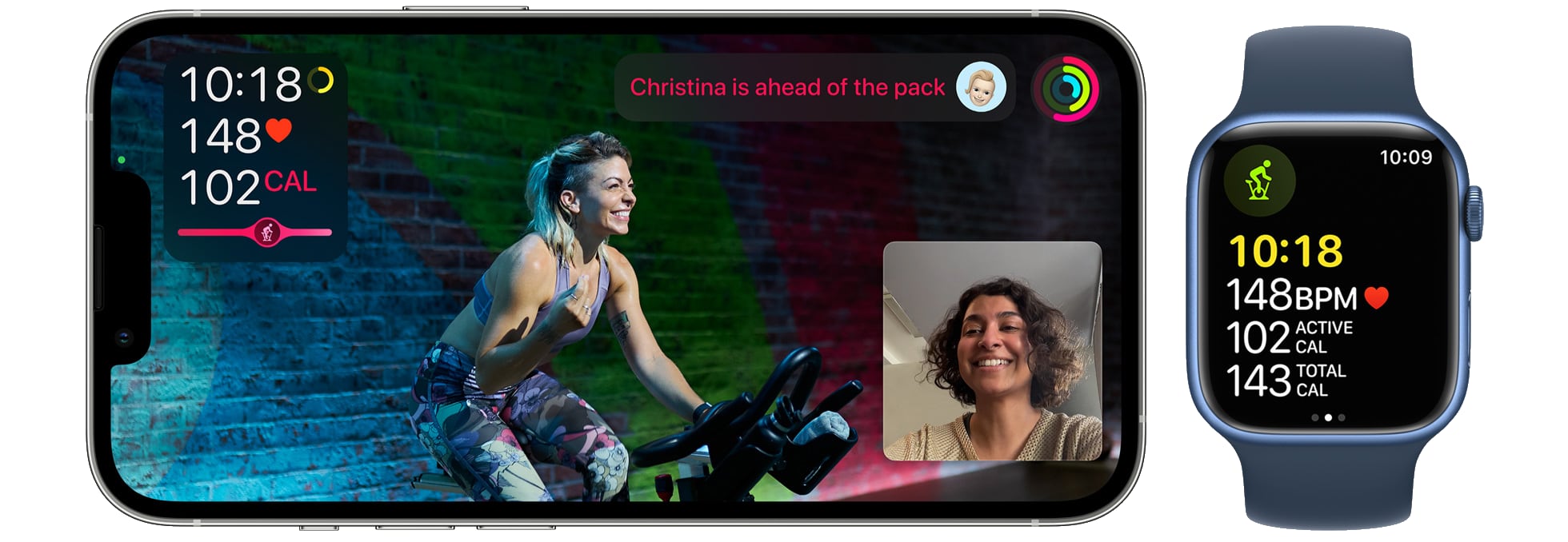 Apple's marketing image showing Fitness+ on iPhone and Apple Watch with the SharePlay feature