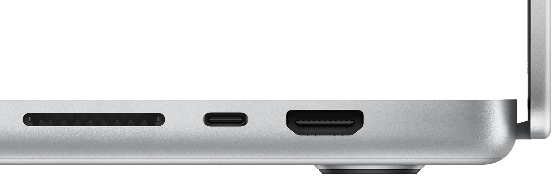 Apple's marketing image showing a side view of the 2021 MacBook Pro with the following ports, from left to right: SDXC card, USB-C and HDMI