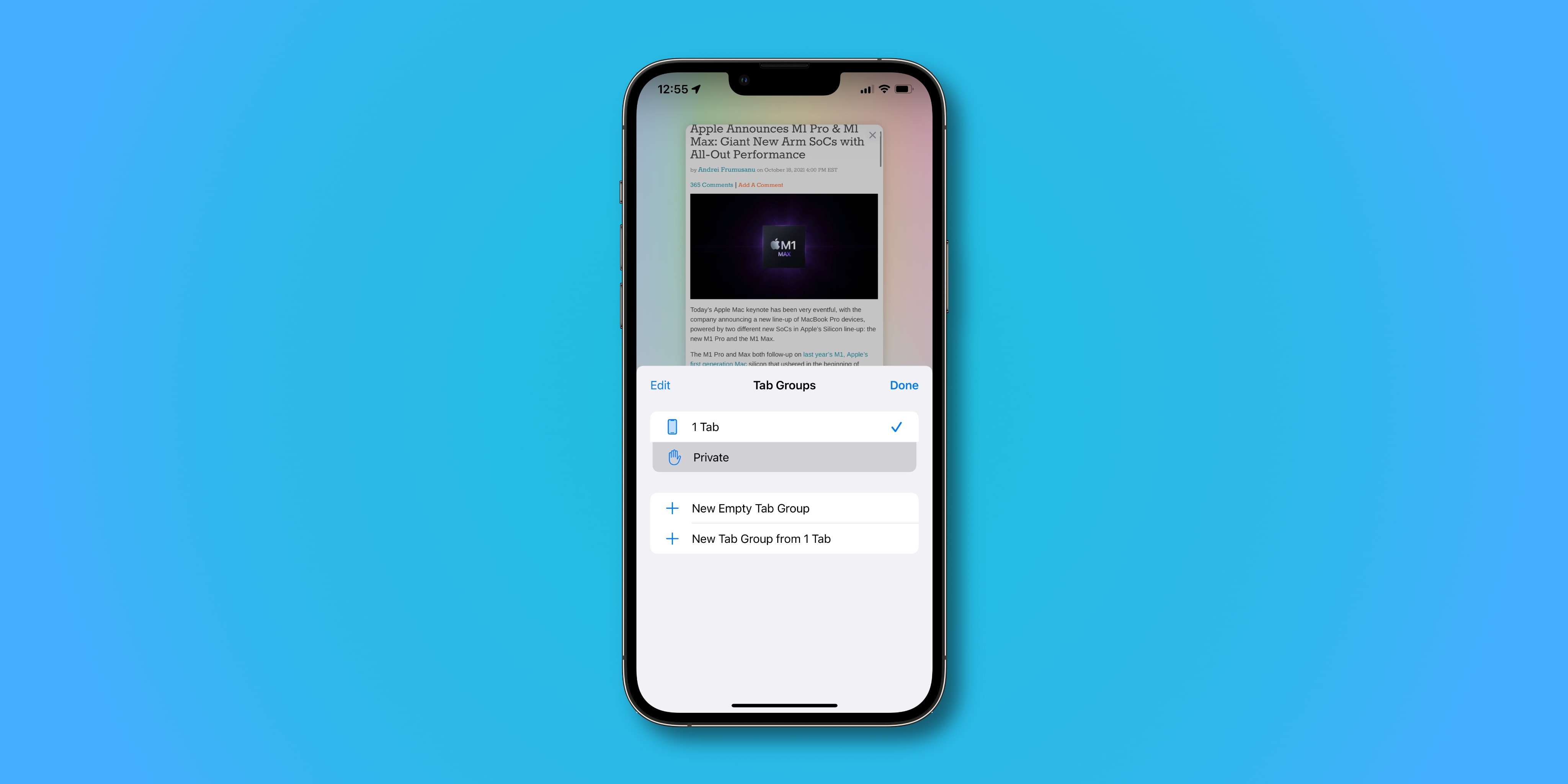 A screenshot showing a new private tab group in Apple's Safari browser in iOS 15 on iPhone