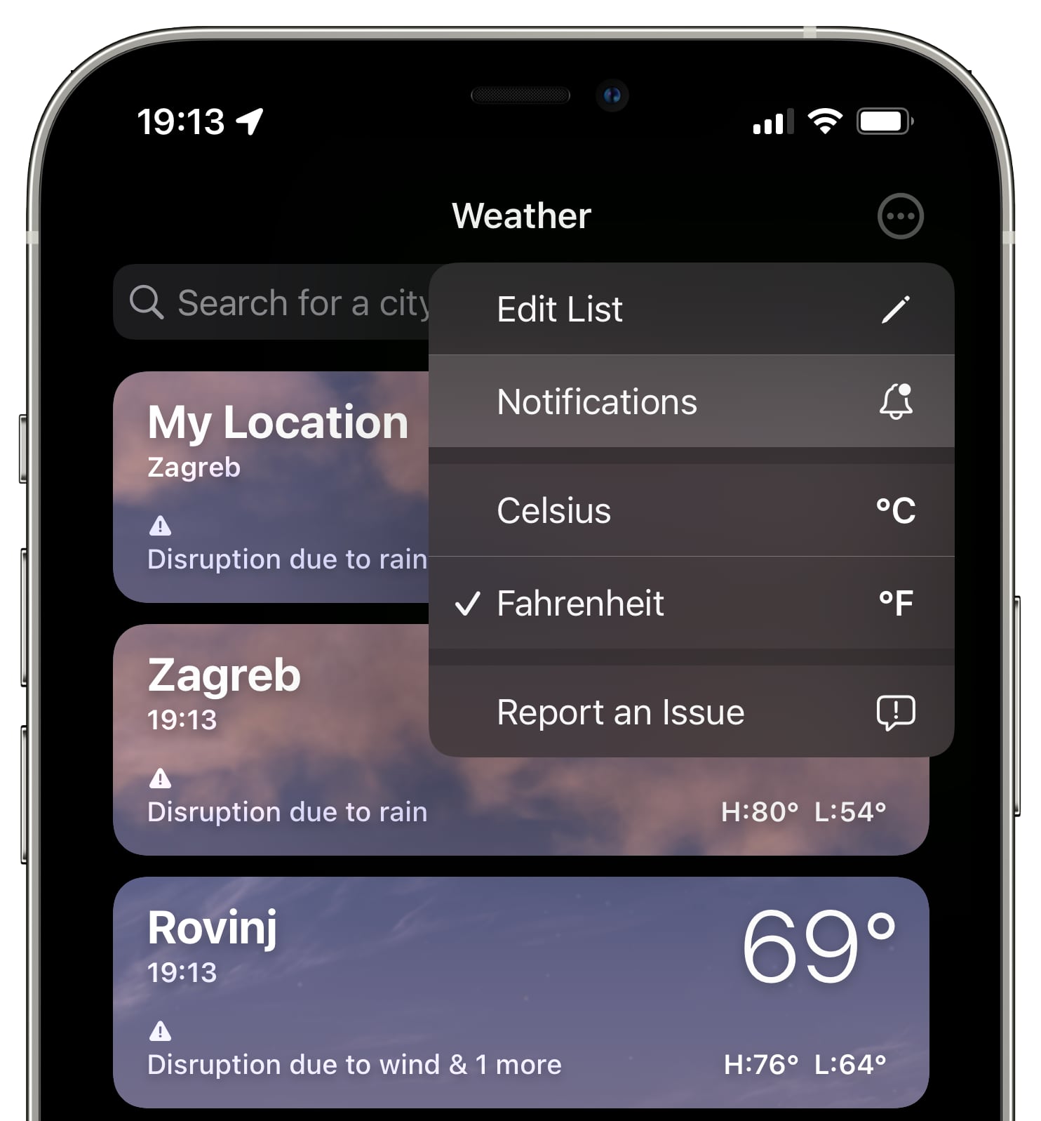 An iPhone screenshot showing the three-dotted menu in Apple's Weather app on iOS 15 with the menu option labeled "Notifications" highlighted