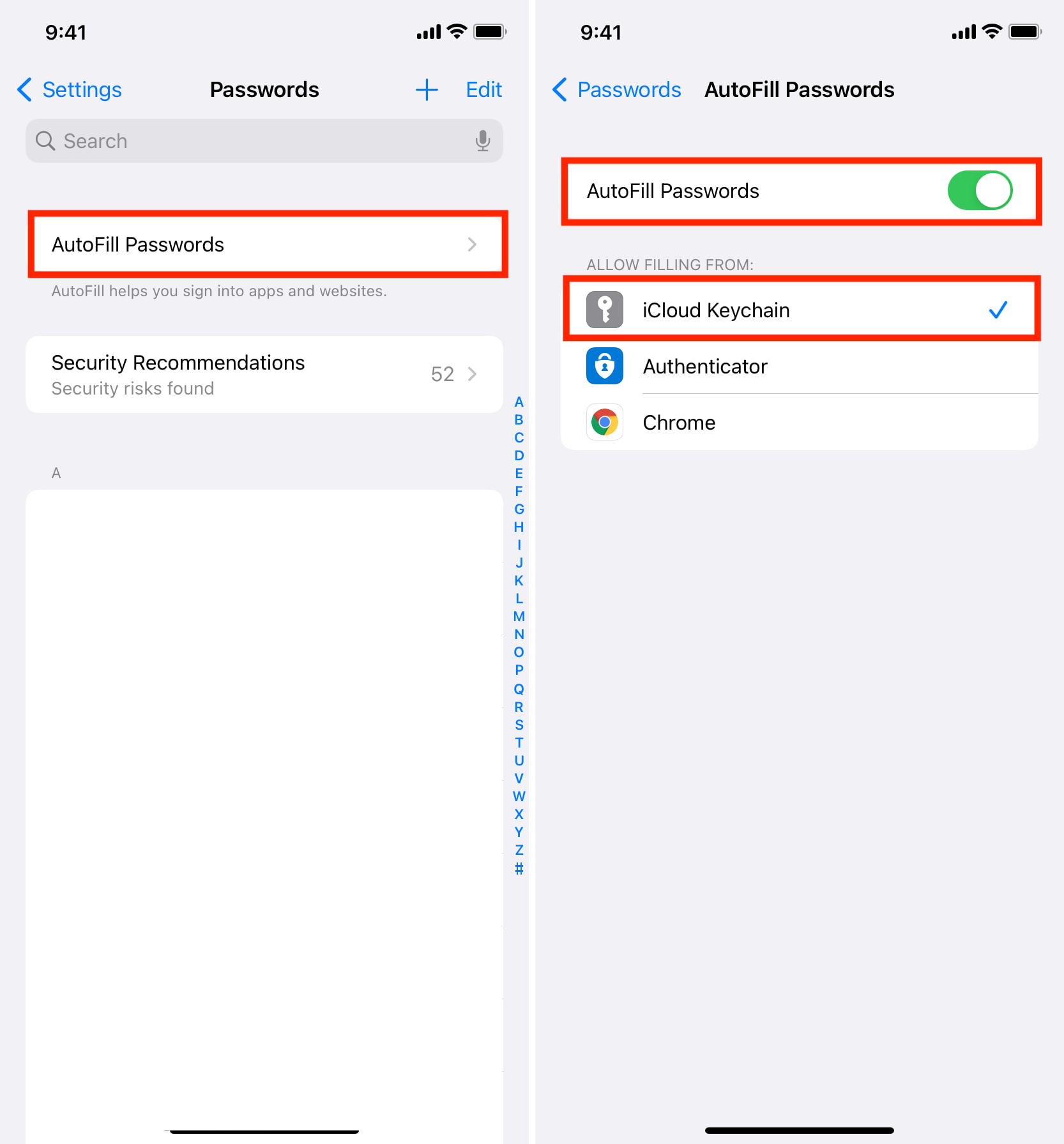 Autofill Passwords Settings on iPhone