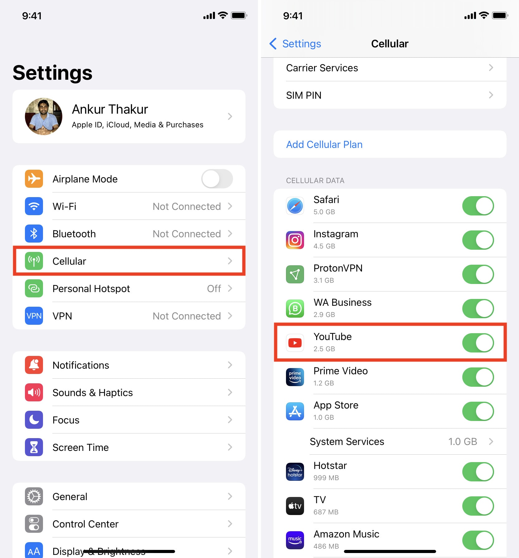 Cellular Data enabled for YouTube in iPhone settings
