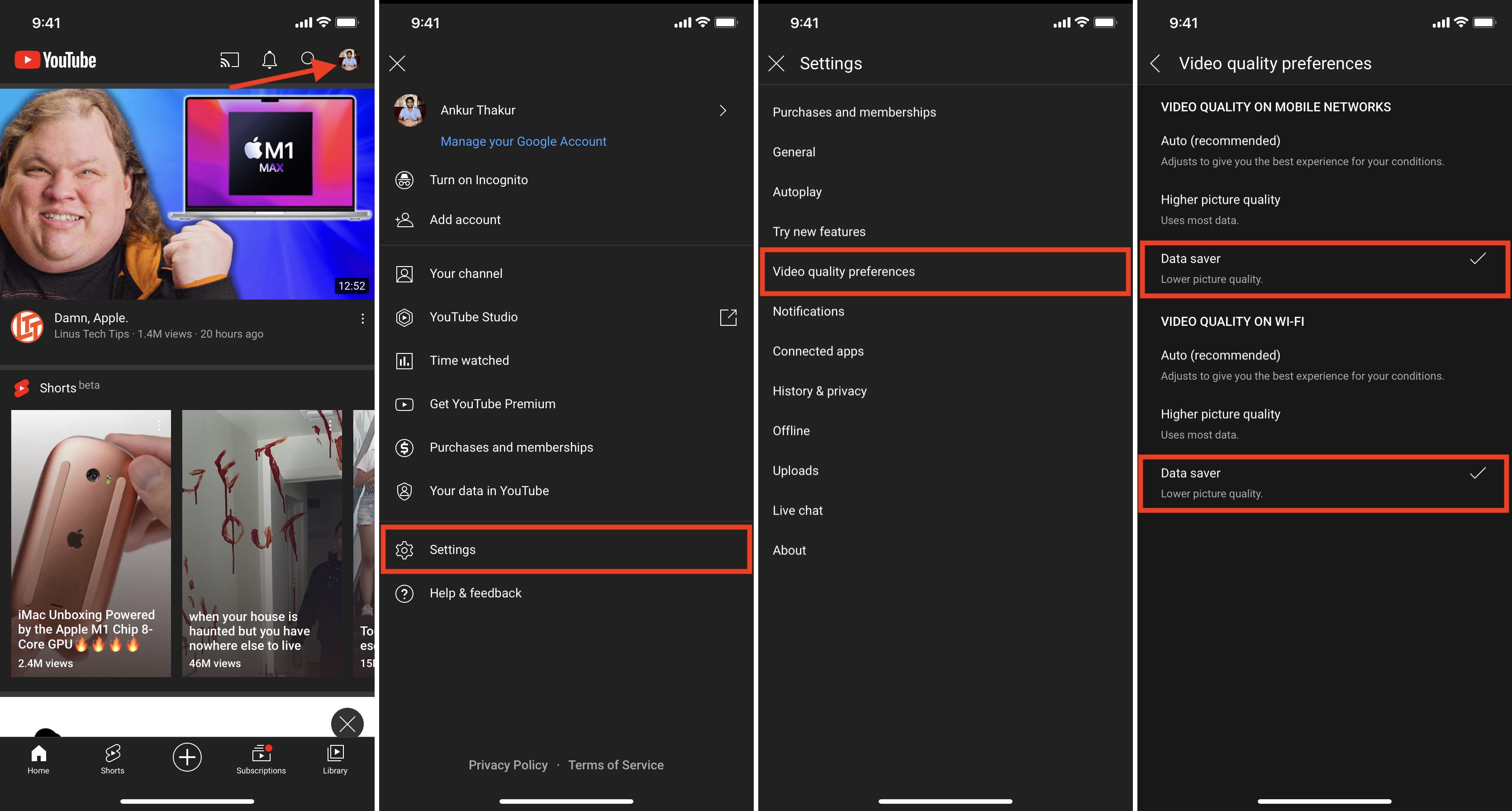 Change YouTube Video quality preferences to Data Saver