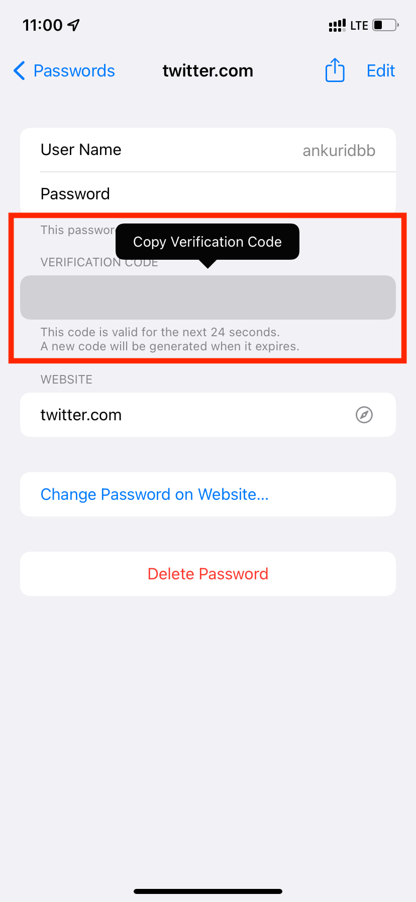 Copy Verification Code from built-in authenticator on iPhone