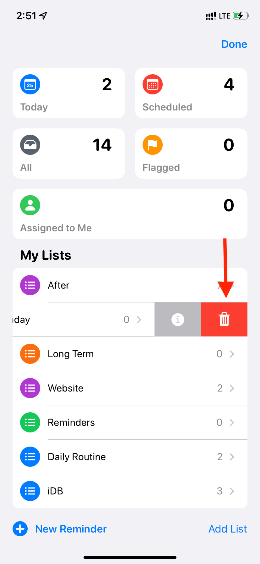 Delete reminder list on iPhone and iPad