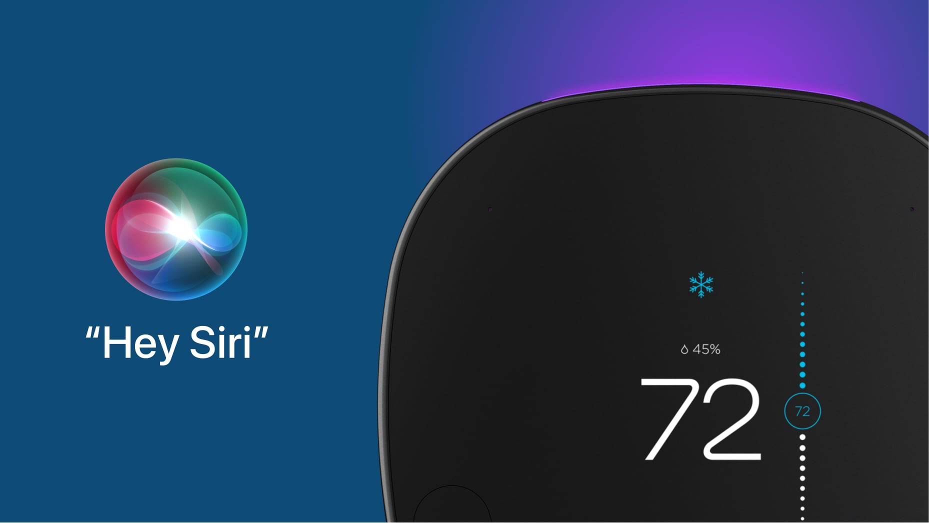 A marketing image from Ecobee showing its smart thermostat and the Hey Siri orb set against a blue/pink gradient