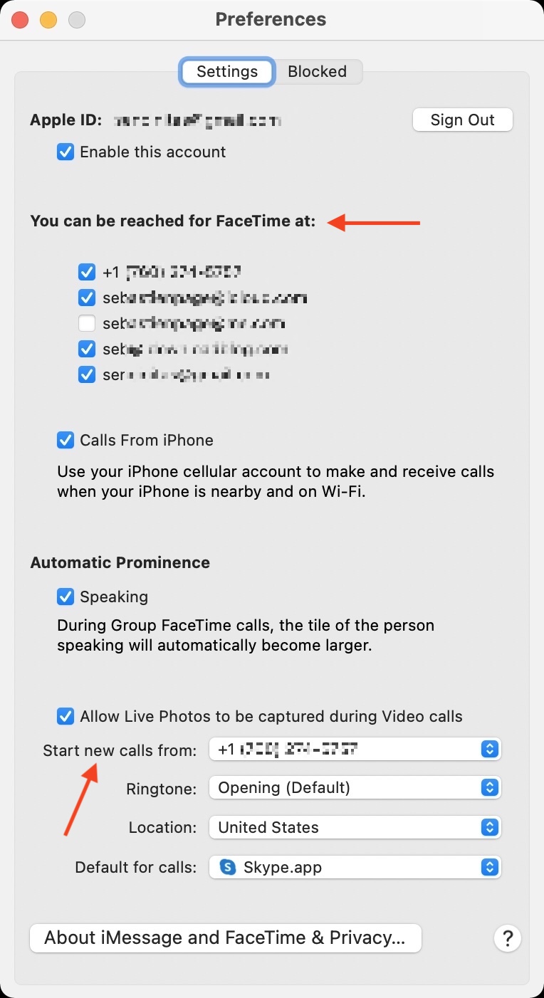 FaceTime Preferences on Mac with correct emails and phone