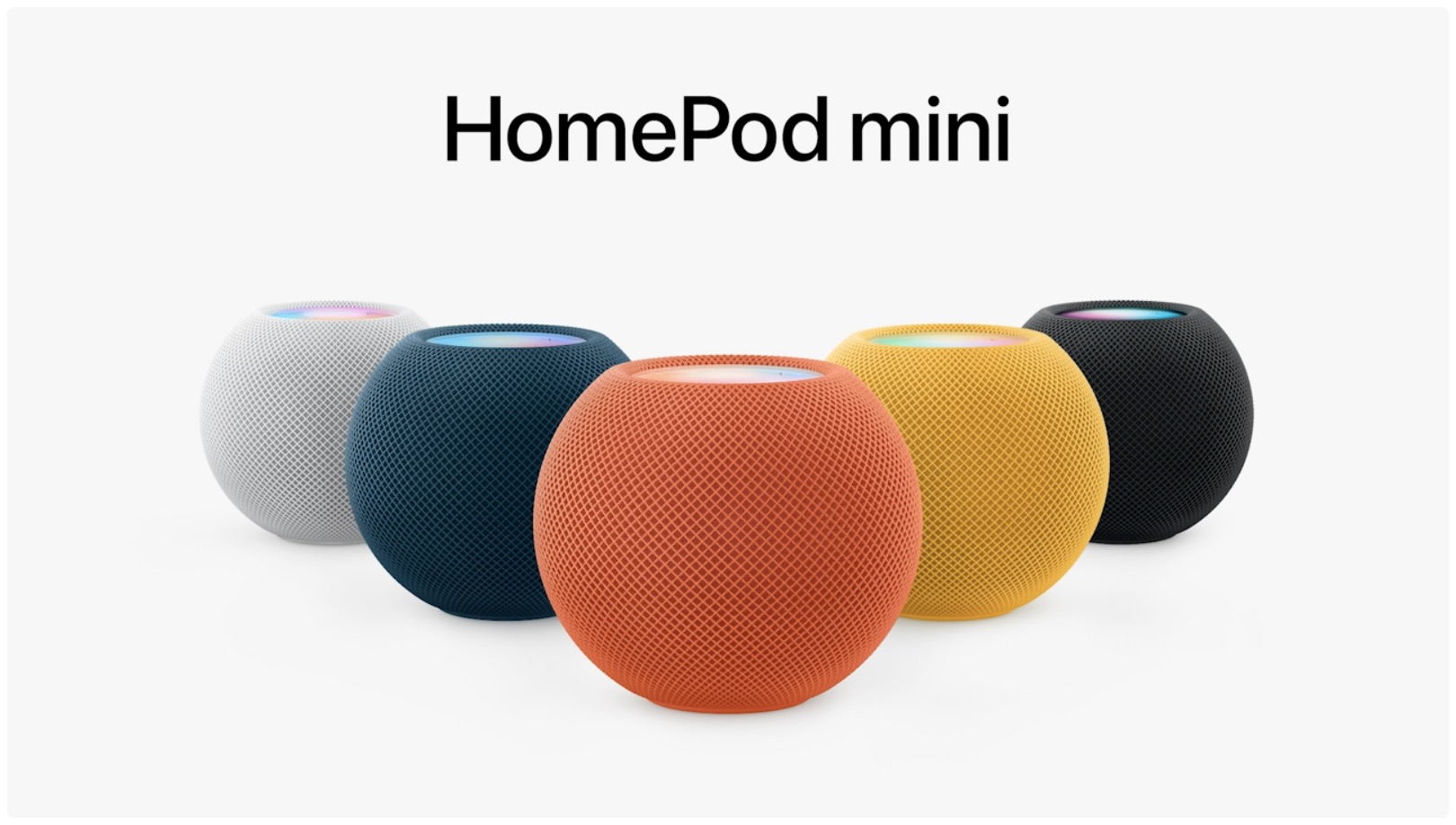 Apple's marketing image showing HomePod mini in white, blue, orange, yellow and black