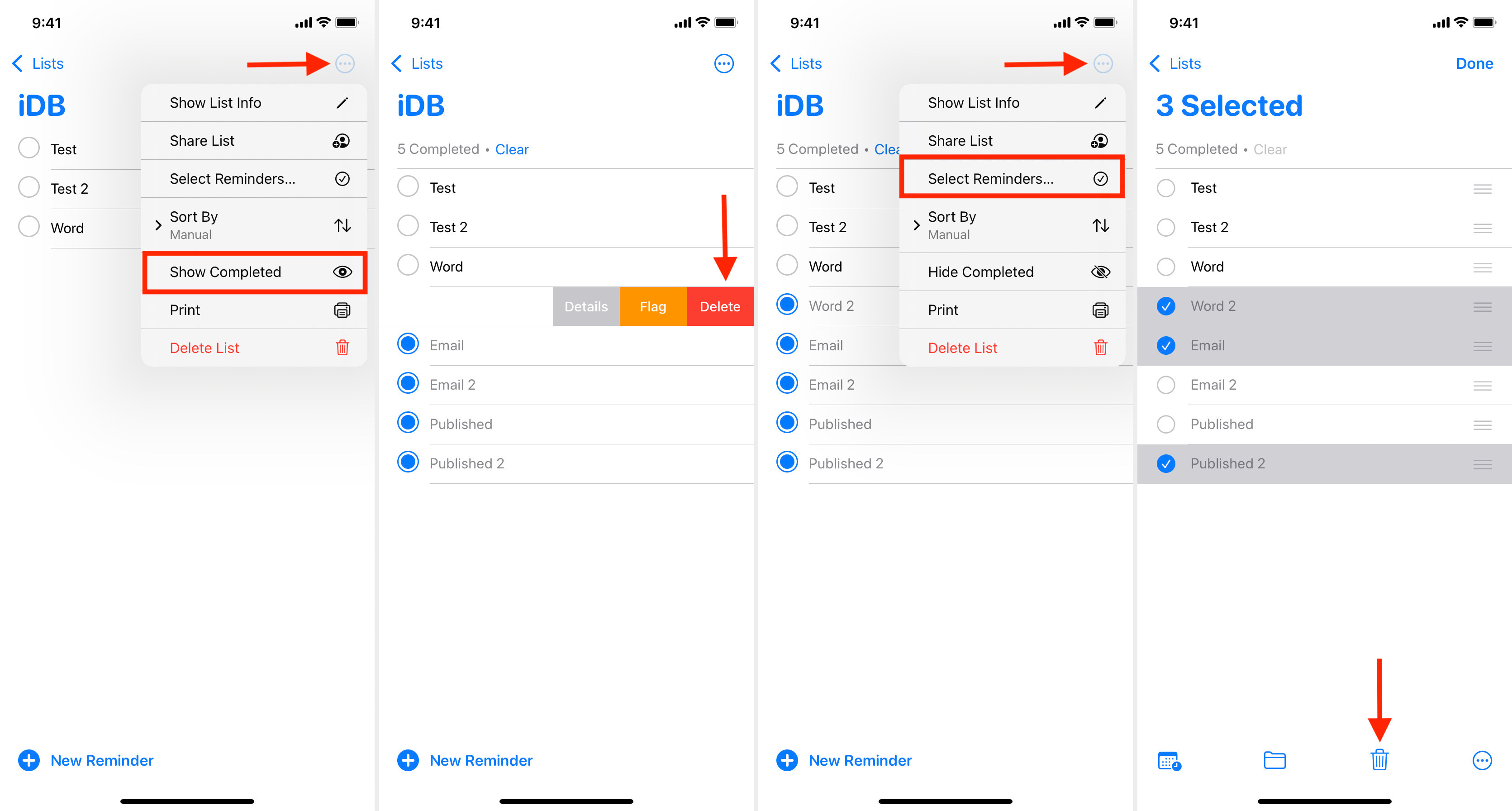How to delete one or selected completed reminders on iPhone
